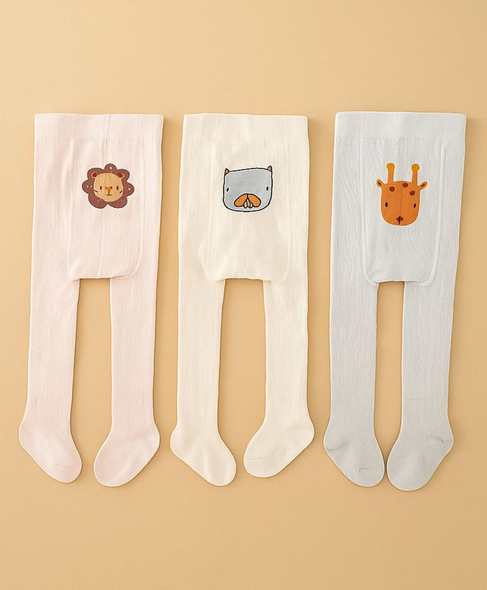 SYGA Pack of 3 Cotton Lion and Bear Print Stockings - Grey & Pink & Apricot-image-33