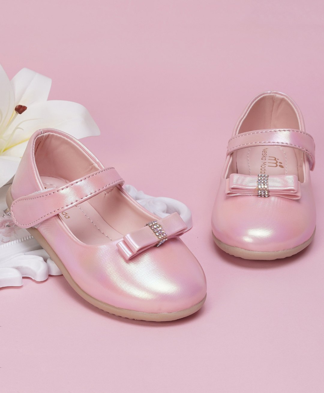 Neska Moda Bow Applique & Holographic Designed With Velcro Closure Mary Jane Ballerinas - Pink-image-5