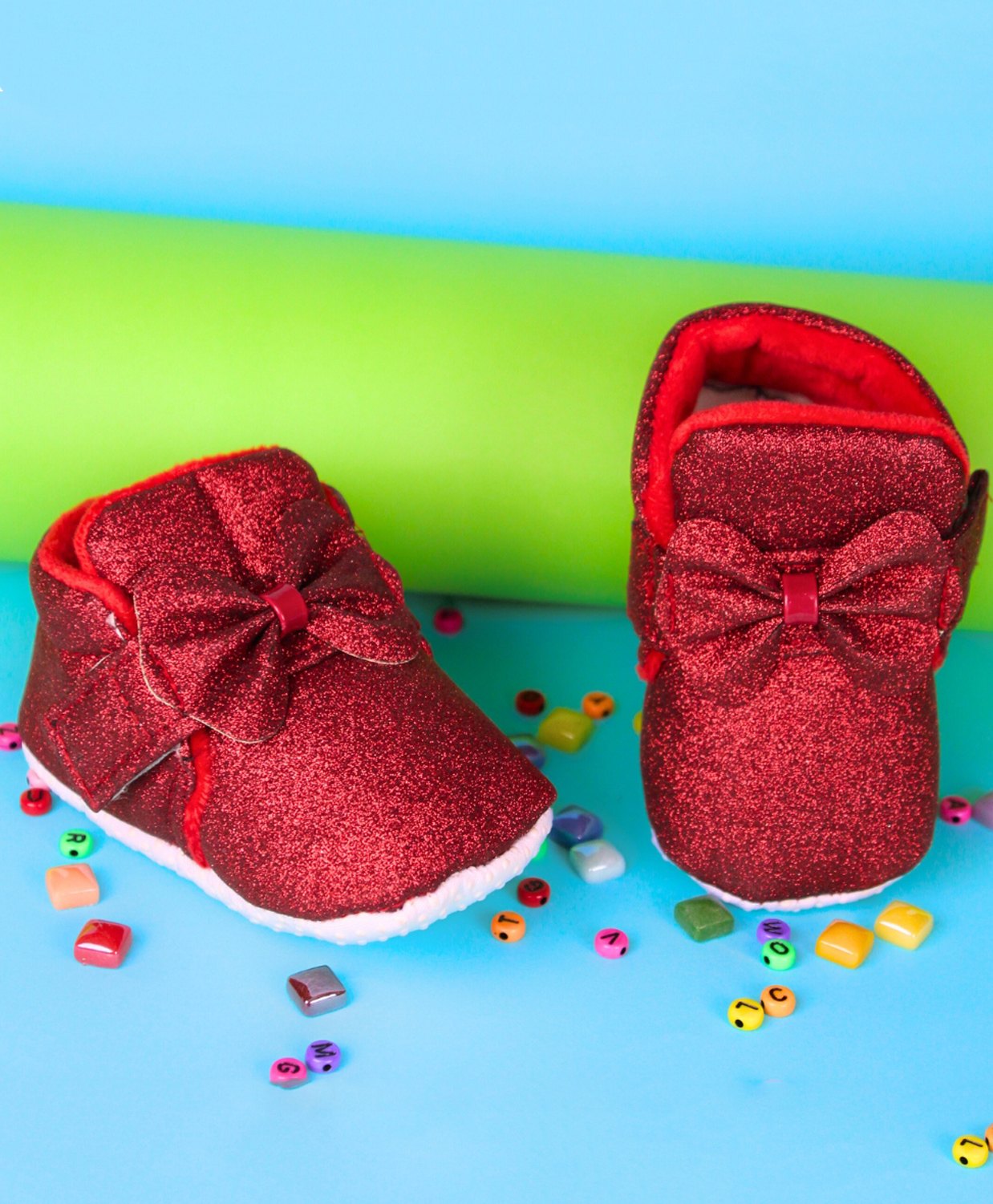 Neska Moda Bow Applique Detailed & Glitter Designed With Velcro Closure Booties - Maroon-picture-41