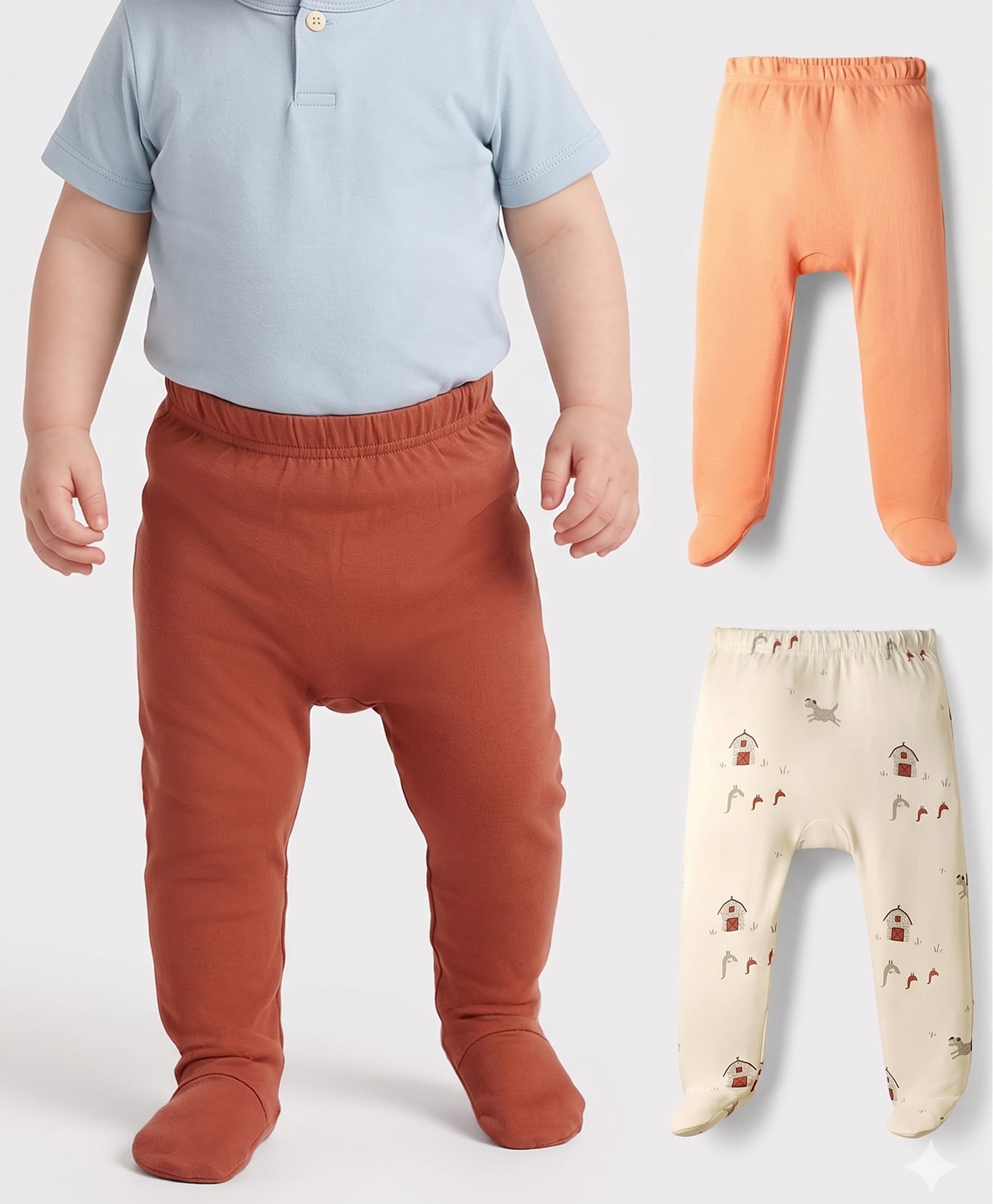 kookie kids india Kookie Kids Interlock Knit Bootie Leggings with Solid Color & Farm Print - Orange Brown & Cream-picture-17