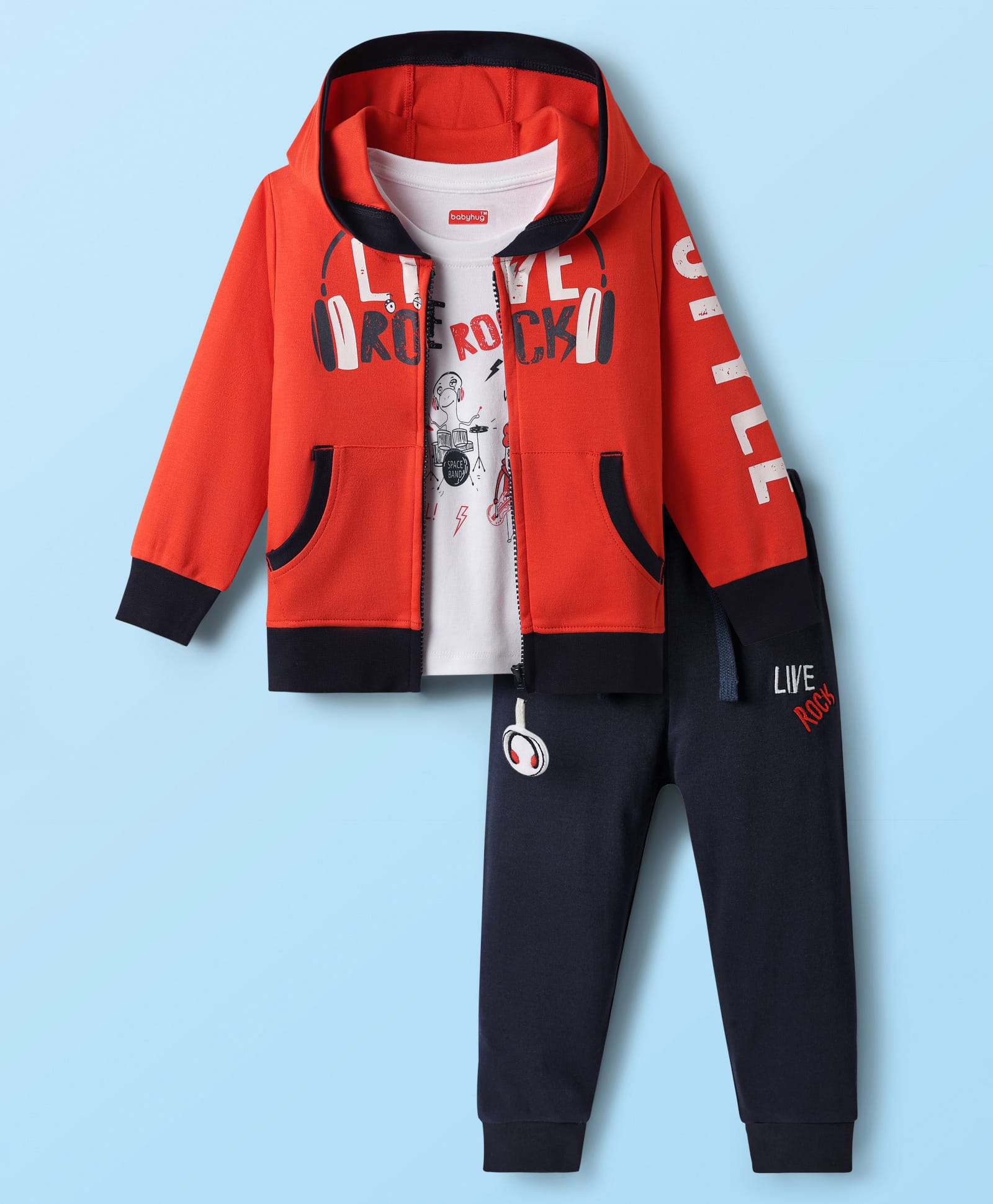 Babyhug Terry Knit Full Sleeves Hooded Front Zipper Jacket T-Shirt & Joggers with Live Rock Text Print - Red & White-image-2