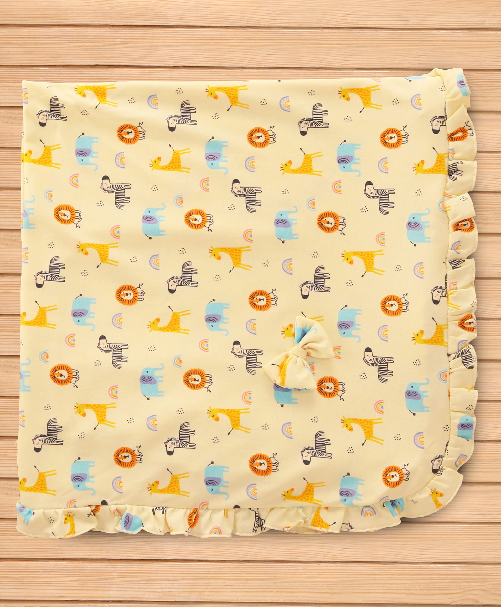 CUCUMBER Cotton Knit Towel With Frill Detailing & Animal Print L 81 x B 81 cm - Light Yellow-picture-28