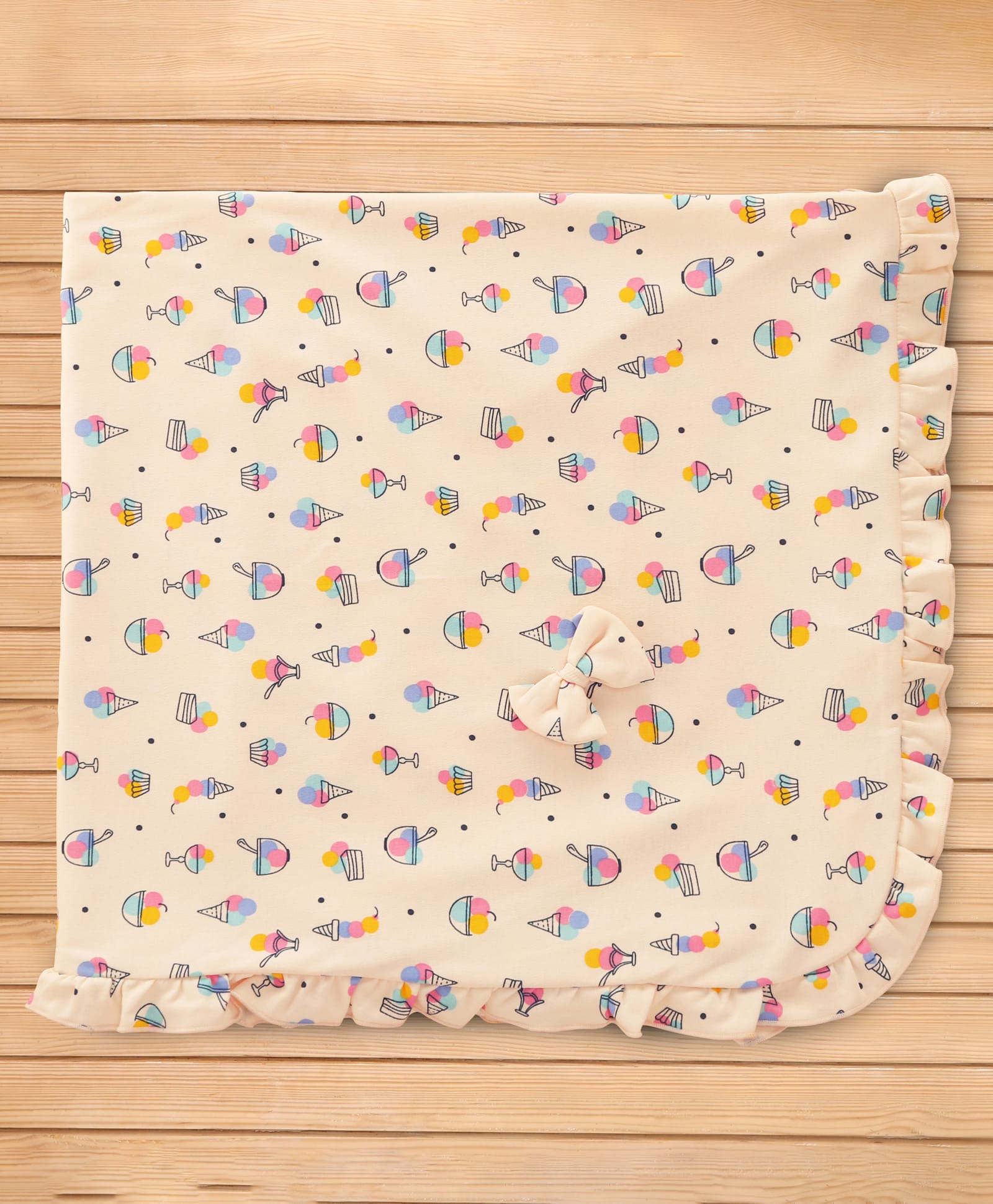 CUCUMBER Cotton Knit Towel With Frill Detailing & Ice Cream Print L 81 x B 81 cm - Light Peach-picture-31