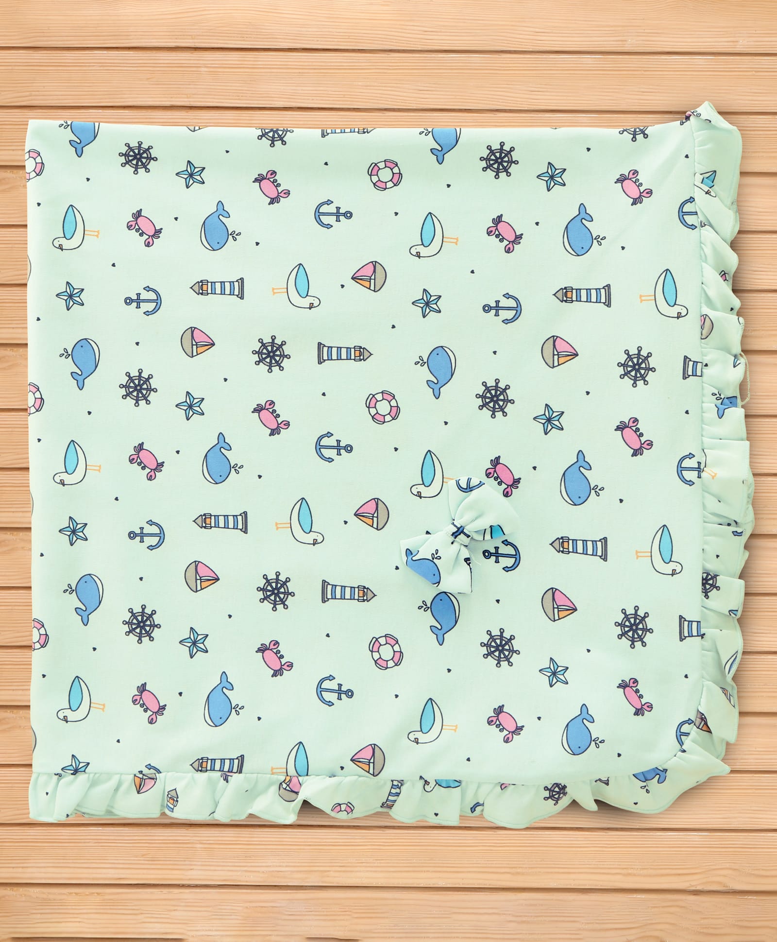 CUCUMBER Cotton Knit Towel With Frill Detailing & Nautical Theme Print L 81 x B 81 cm - Aqua Blue-image-5