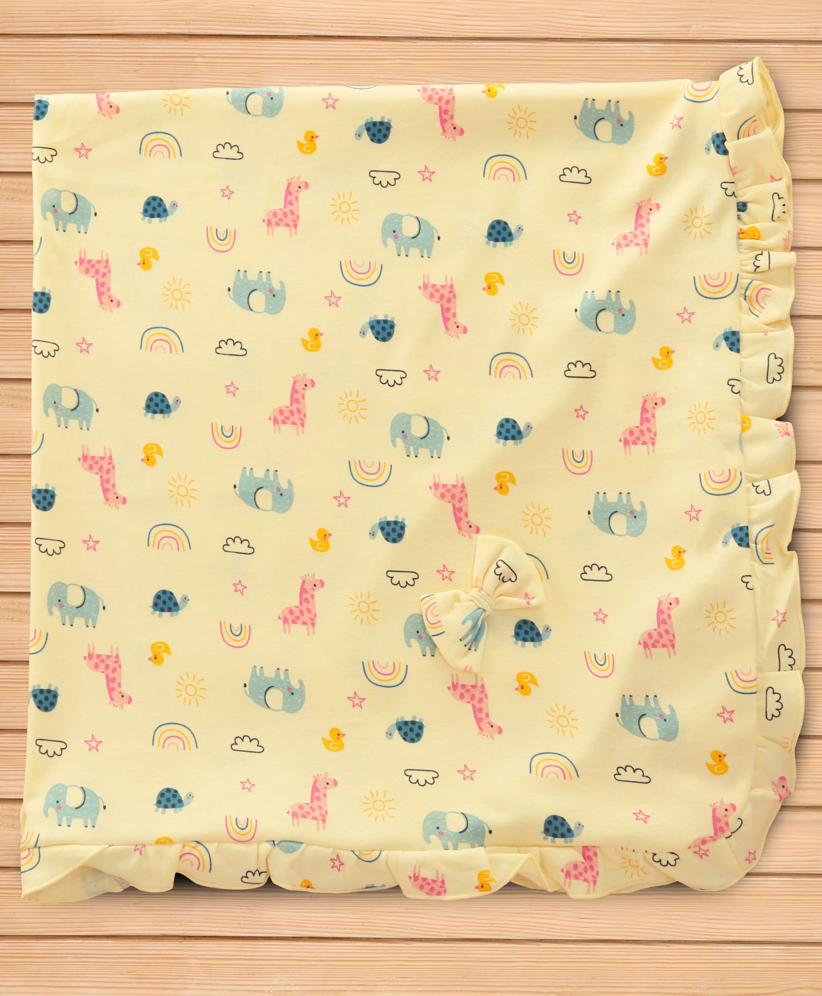 CUCUMBER Cotton Knit Towel With Frill Detailing & Animal Print L 81 x B 81 cm - Light Yellow-picture-30