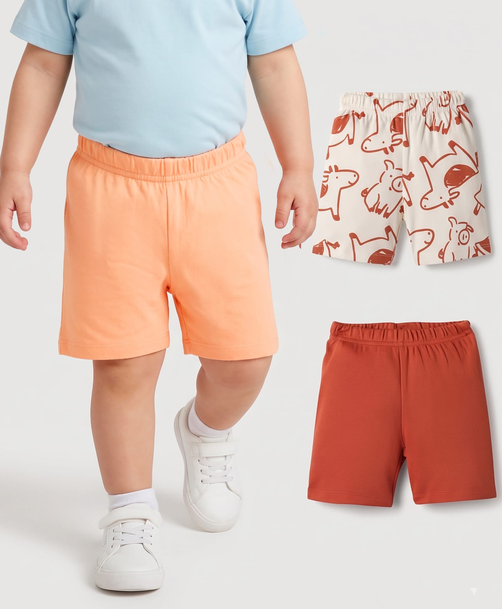 Kookie Kids Single Jersey Knit Shorts Solid & with Animal Print Pack of 3 - White Peach & Rust Orange-image-11