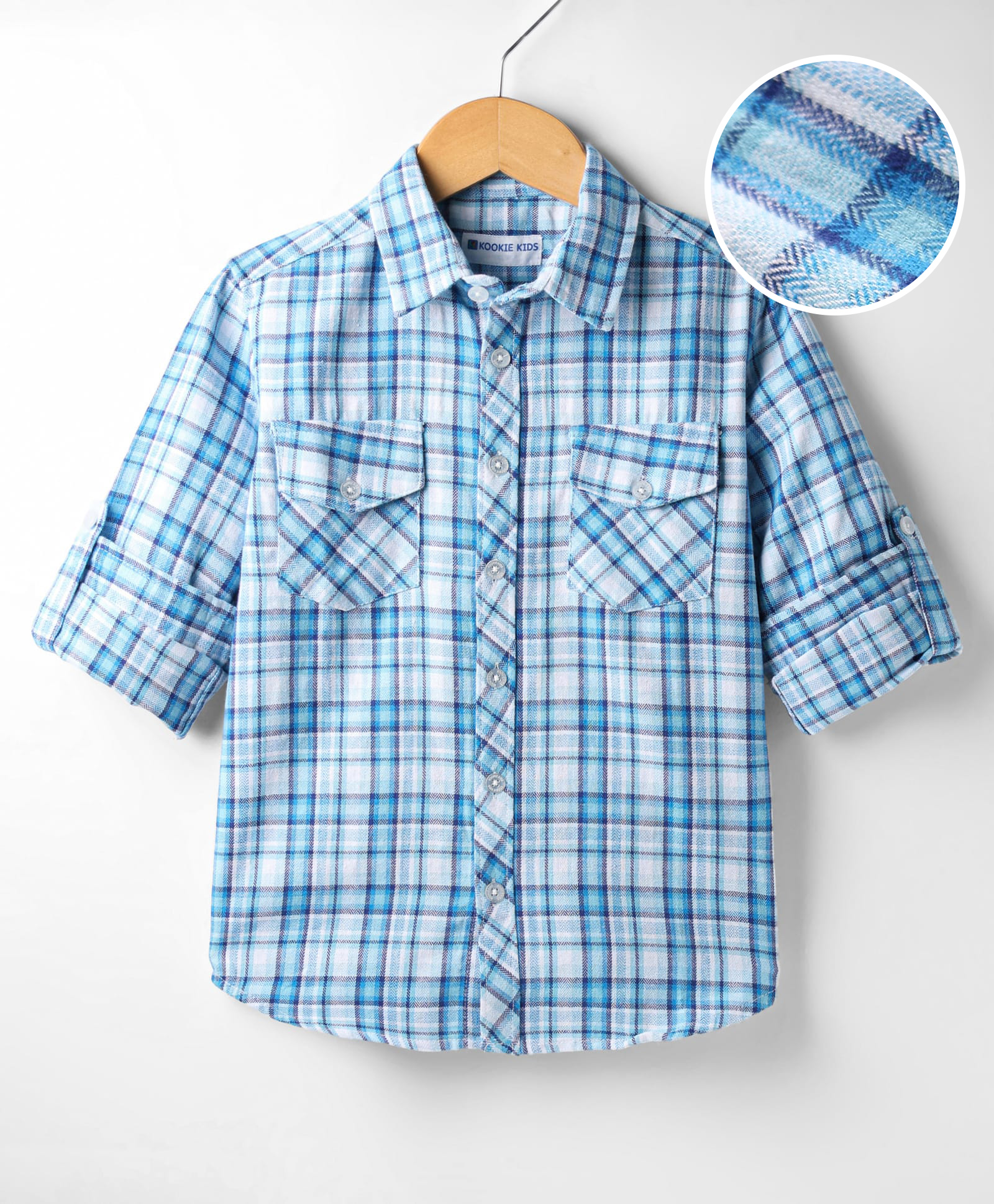 kookie kids india Kookie Kids Cotton Woven Full Sleeves Checkered Shirt with Flap Pocket - Light Blue-picture-25