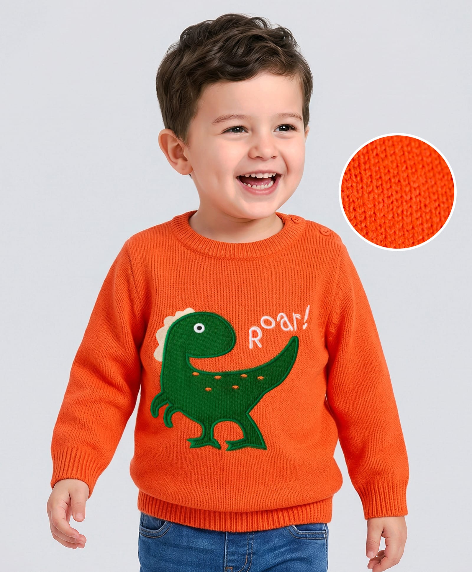 Mark & Mia Knit Full Sleeves Pullover Sweater with Dino Embroidery - Orange-picture-36