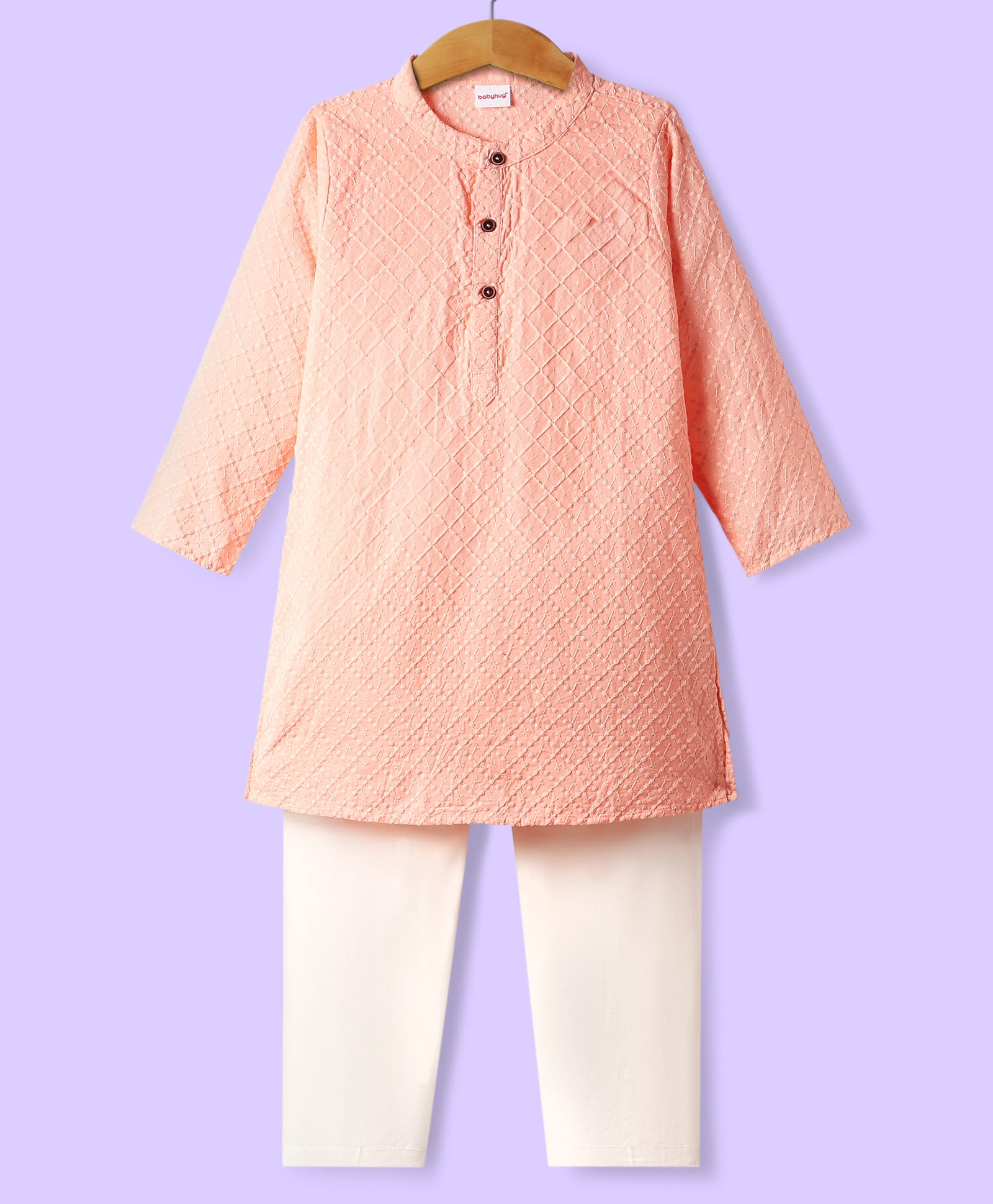 Babyhug Cotton Woven Full Sleeves Kurta Pajama Set With Embroidery Detailing - Peach-image-5