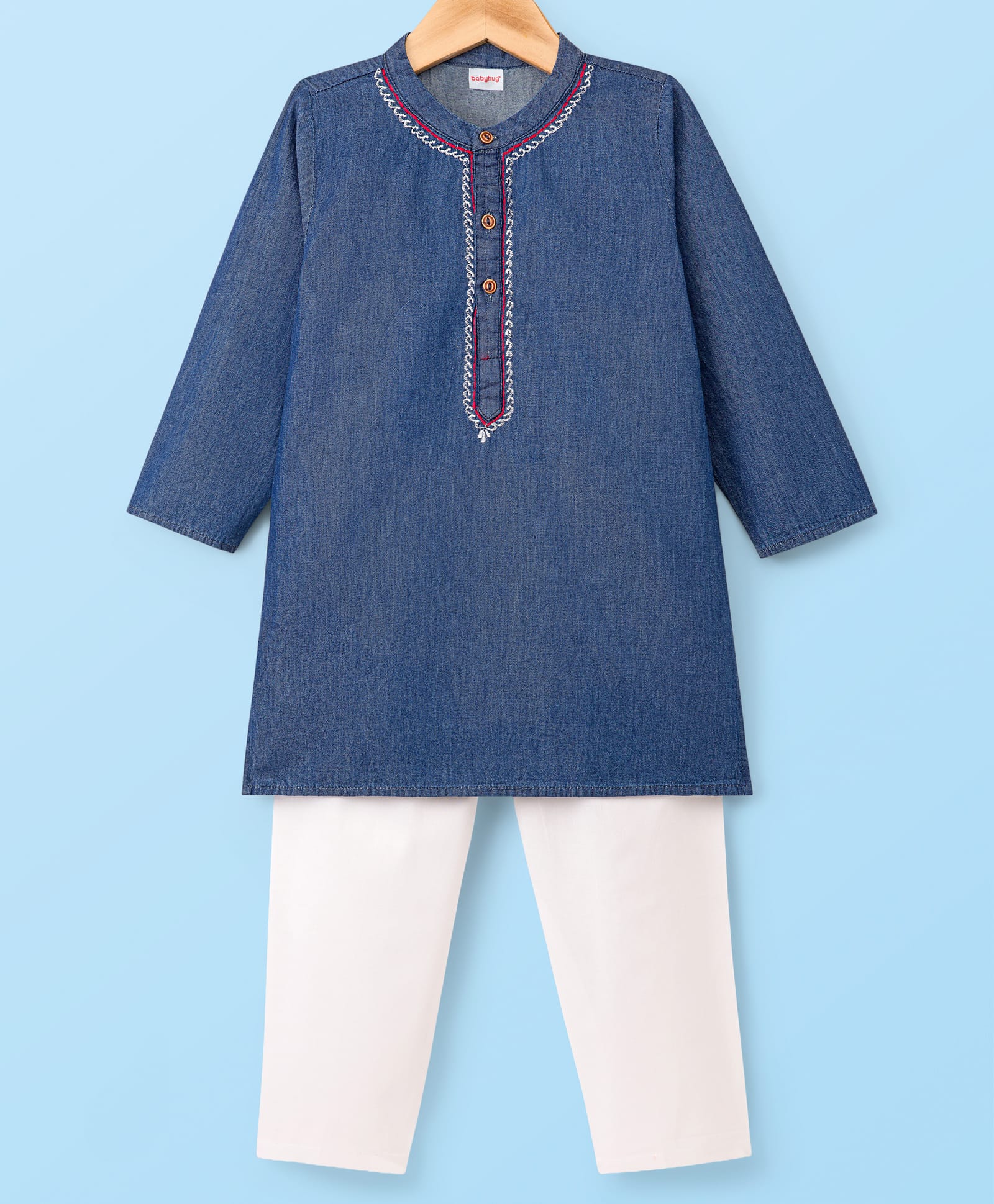 Babyhug Cotton Woven Full Sleeves Kurta Pyjama Set With Embroidery Detailing - Navy Blue & White-image-30