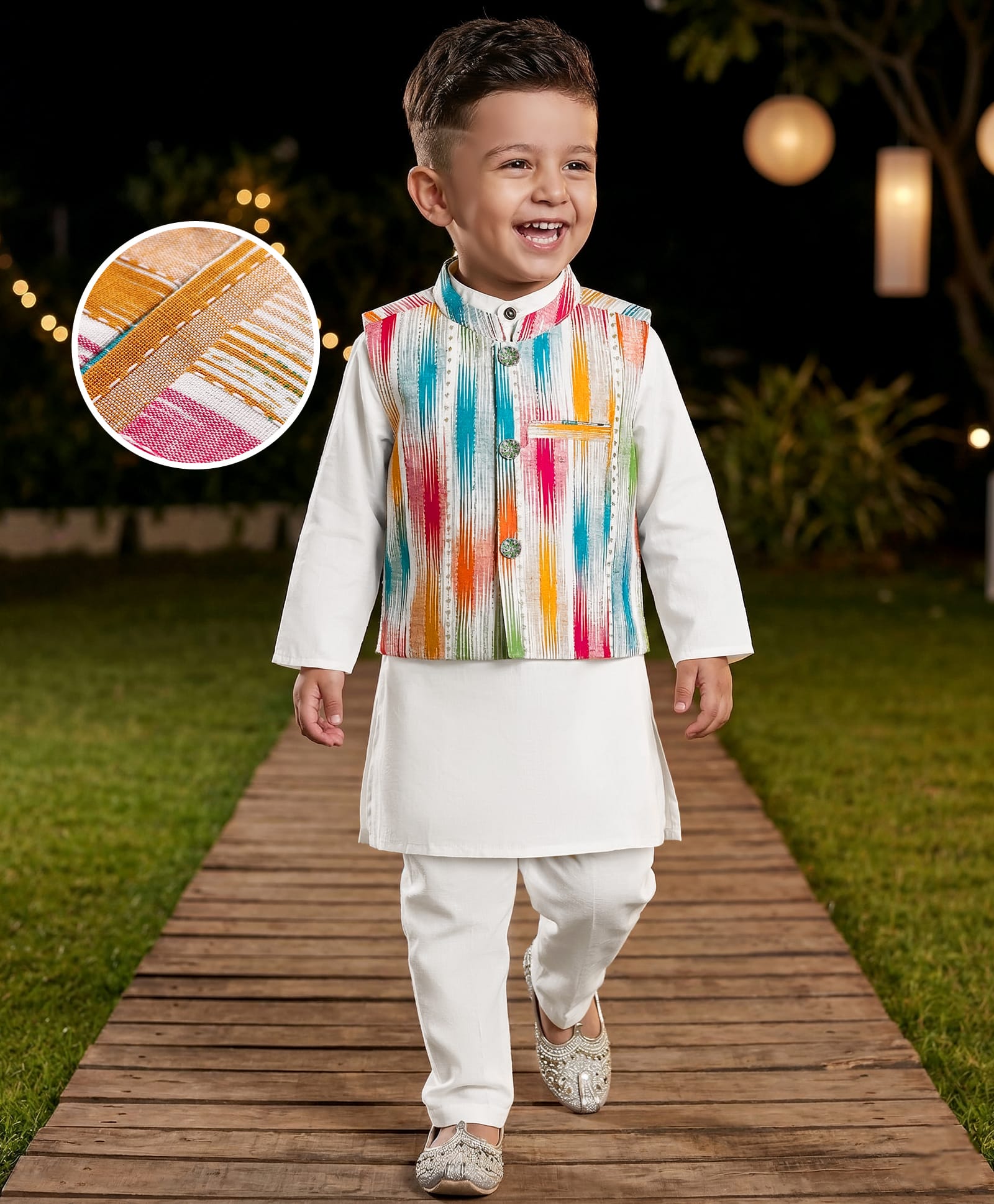 Babyhug Cotton Woven Full Sleeves Solid Kurta Pyjama Set with Printed Jacket - White-picture-15