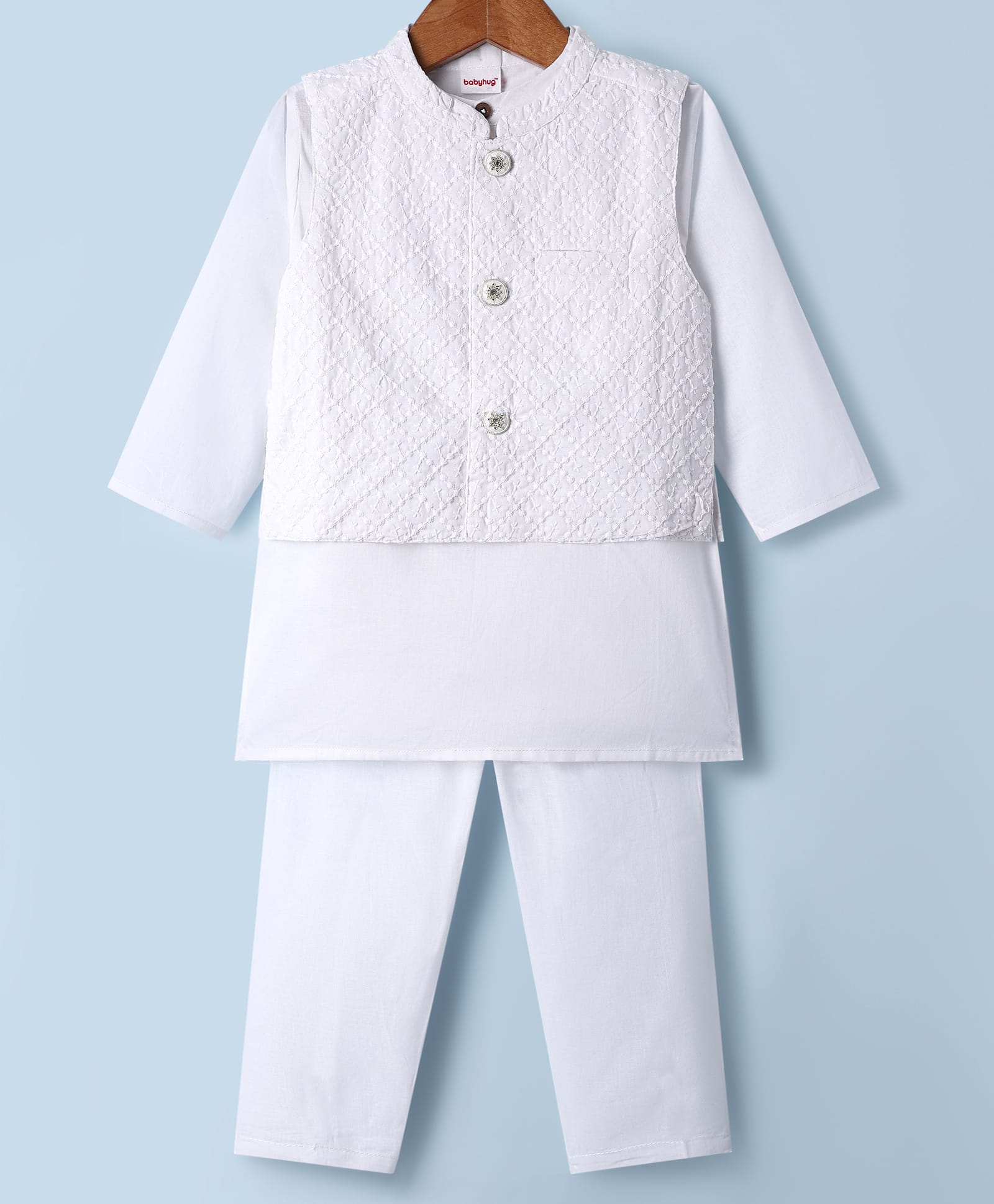 Babyhug Cotton Woven Full Sleeves Kurta Pajama Set With Embroidered Jacket - White-image-48
