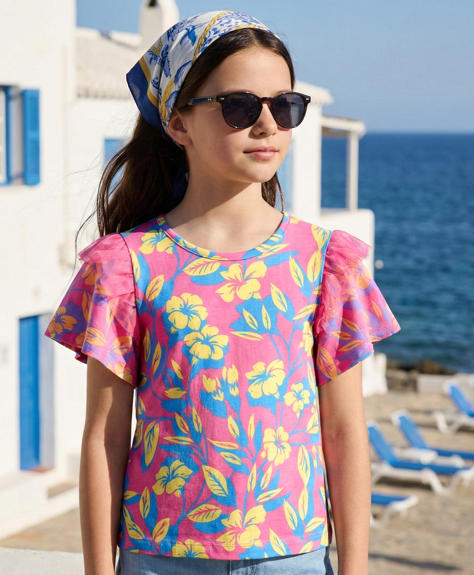 Pine Kids Cotton Knit Half Flutter Sleeves Top with Floral Print - Pink-picture-14