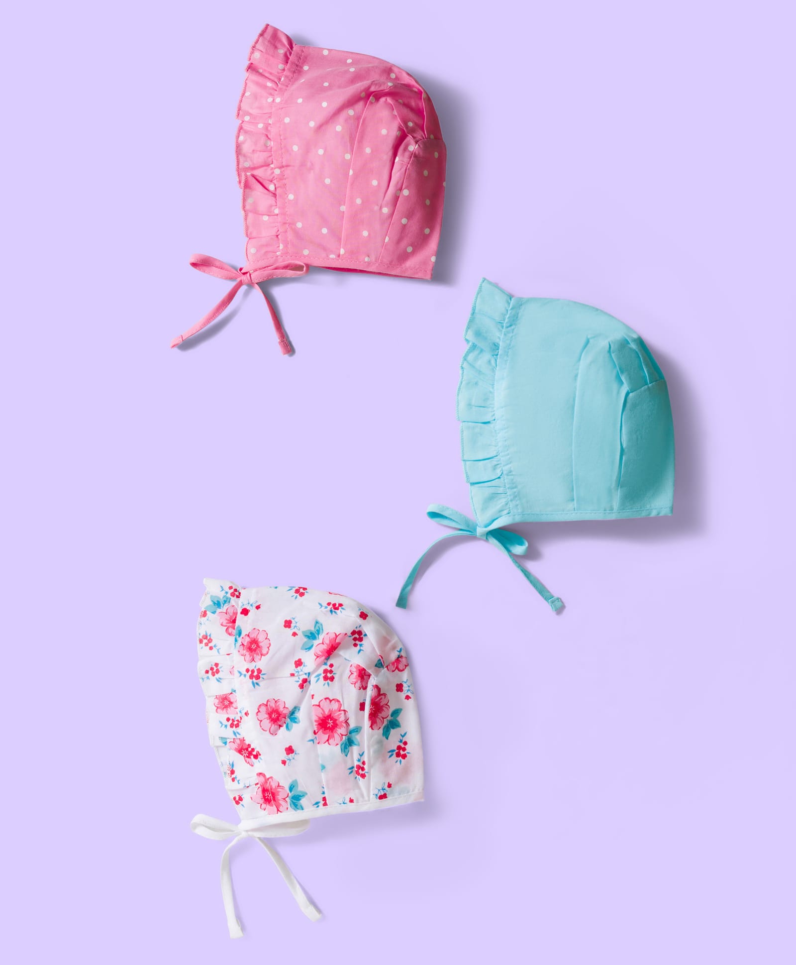 Babyhug 100% Cotton Cambric Woven Cap With Floral Print White Light Blue & Pink Pack Of 3 - Diameter 16.5 cm