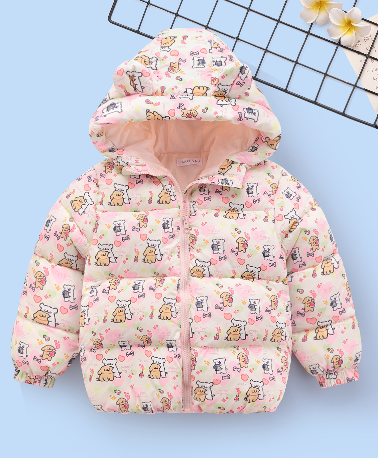 Mark & Mia Full Sleeves Hooded Padded Winter Jacket With Puppy Print - Beige-image-34