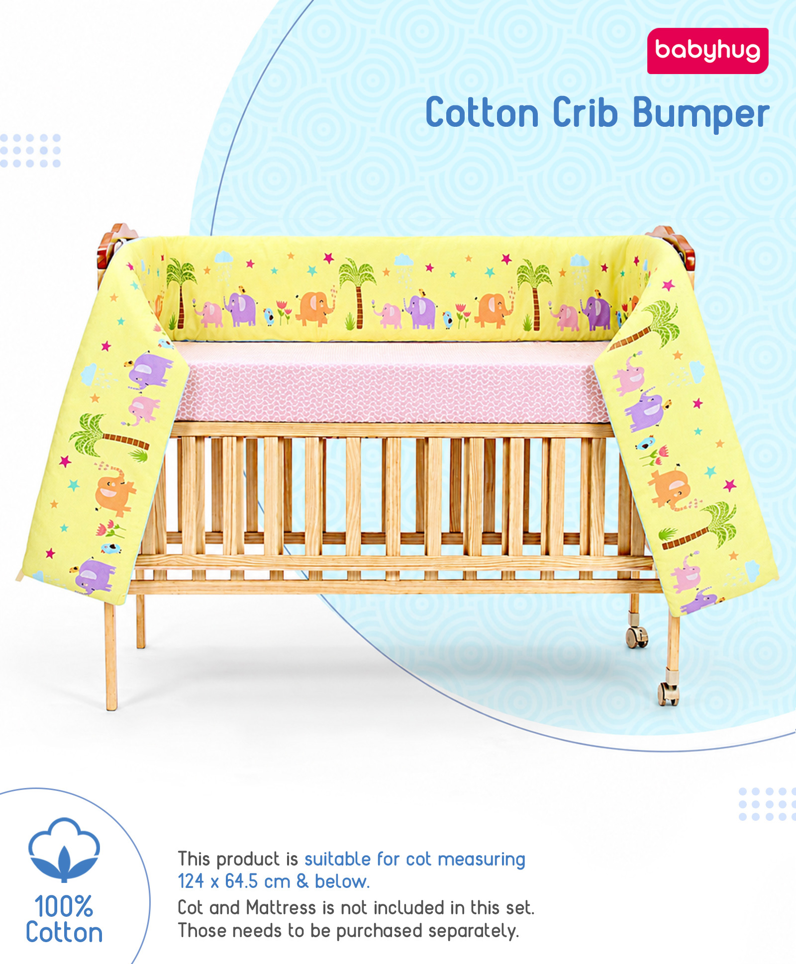 Babyhug 100% Cotton Crib Bumper Elephant Print Large - Yellow| Soft Cushioned Crib Protector| Breathable Cotton Fabric| Cot Rail Safety Padding| 0-24 Months| New Born & Toddler Gifting-image-36