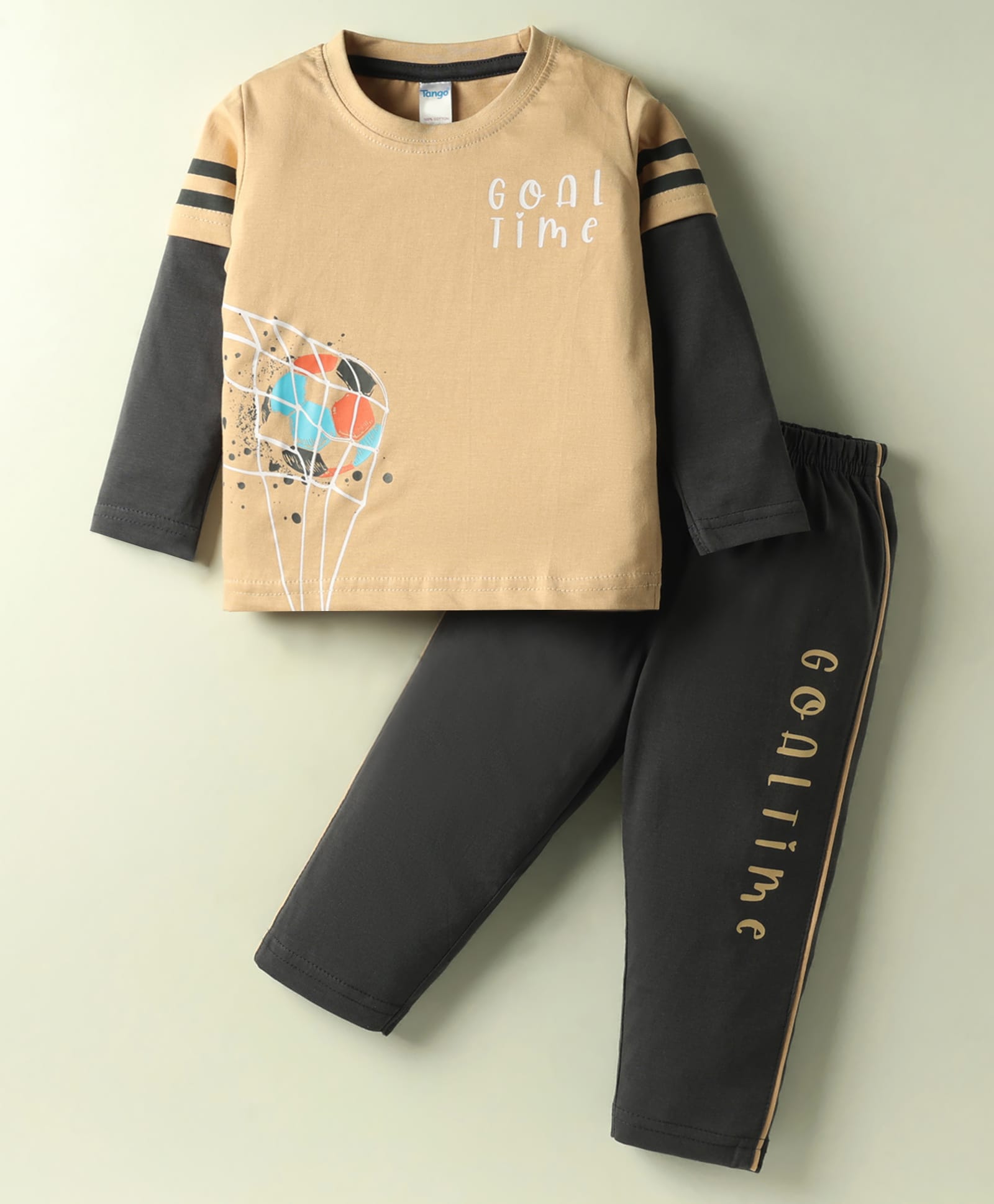 Tango Single Jersey Knit Full Sleeves Twofer T-shirt & Pant Set with Football Print - Light Brown & Black-image-31