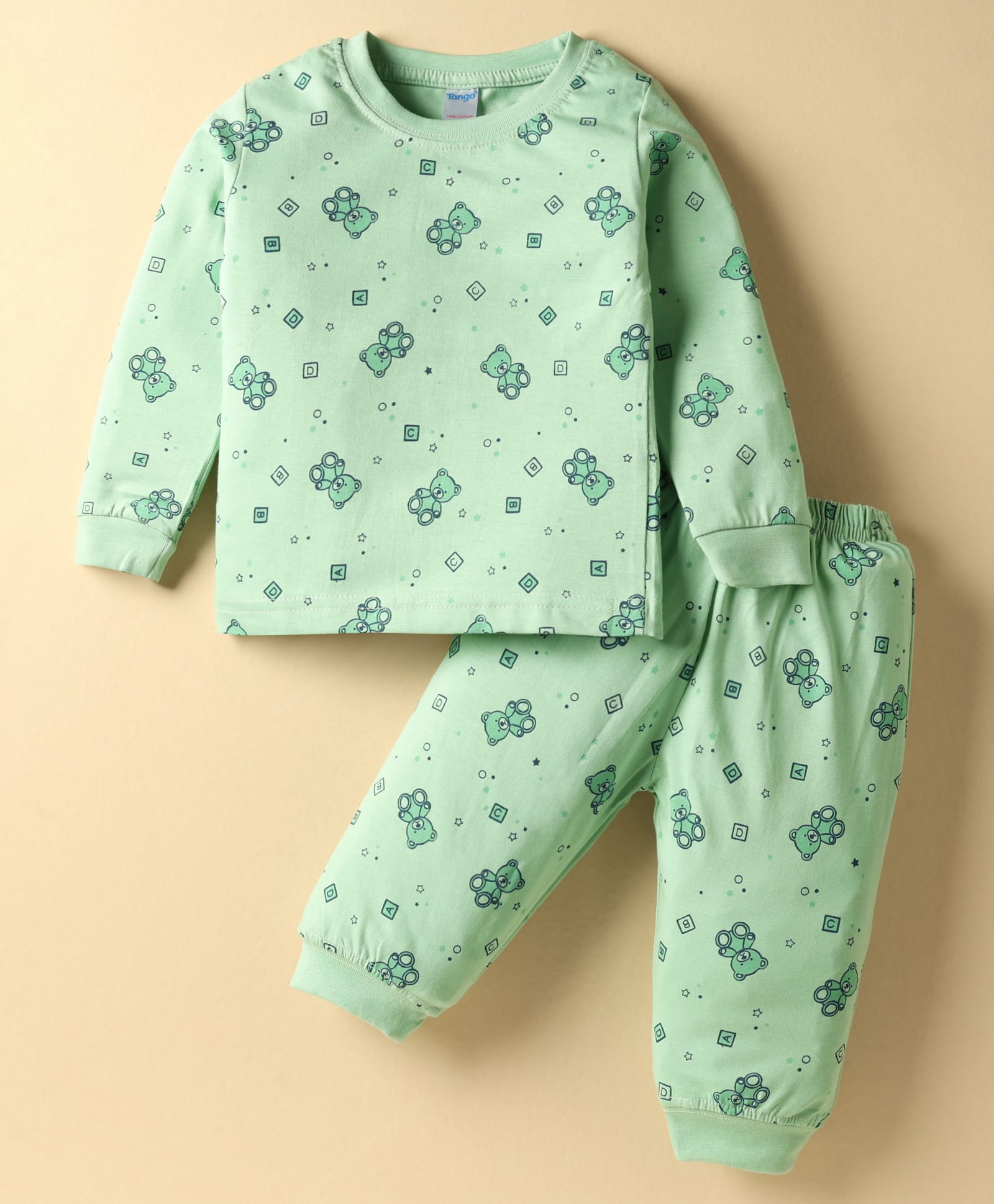 Tango Single Jersey Knit Full Sleeves Teddy Bear Printed Co-Ords Night Suit - Light Green-picture-3