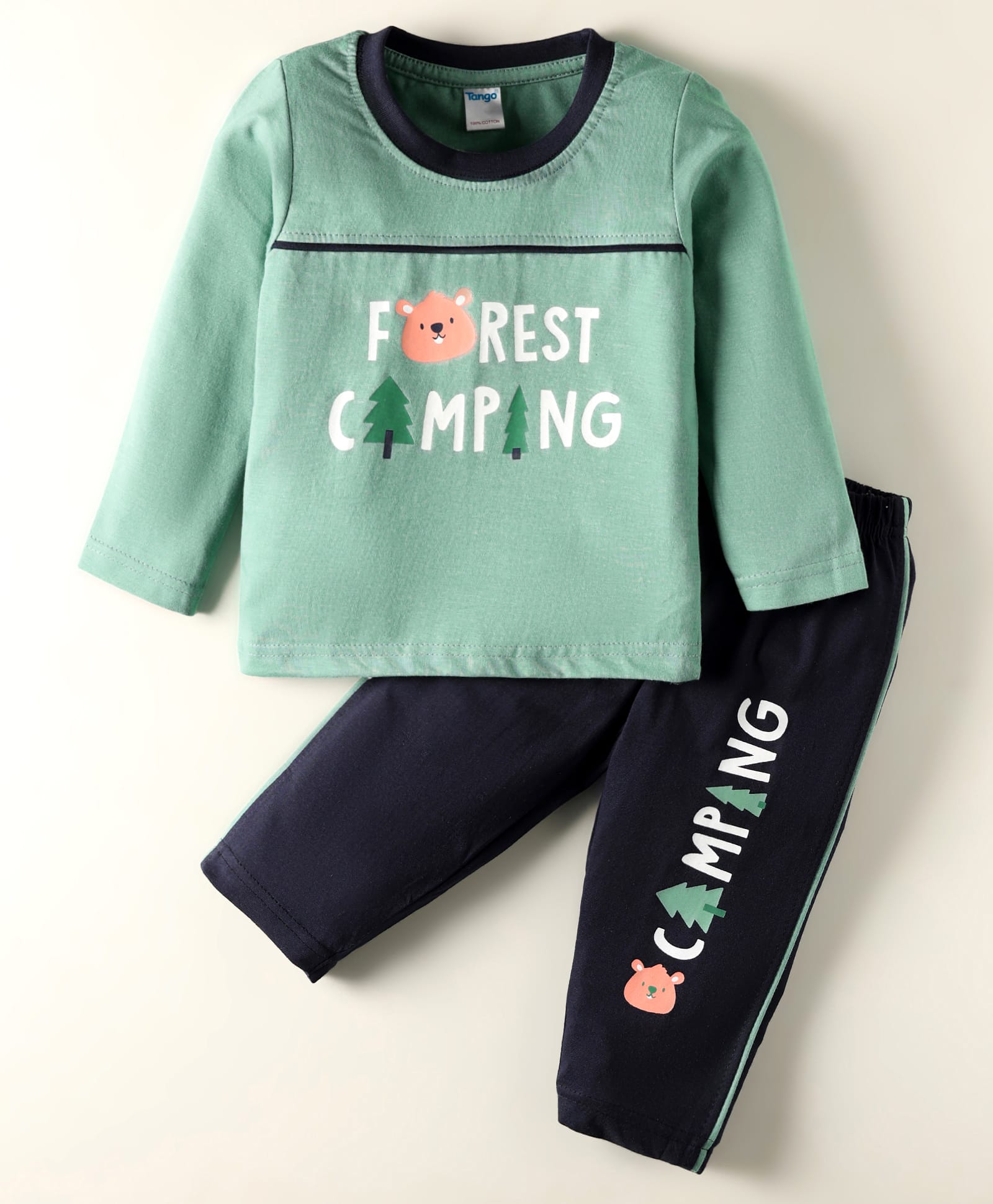 Tango Single Jersey Knit Full Sleeves T-shirt & Lounge Pant Set with Forest Camping Print - Sea Green & Navy Blue-image-32