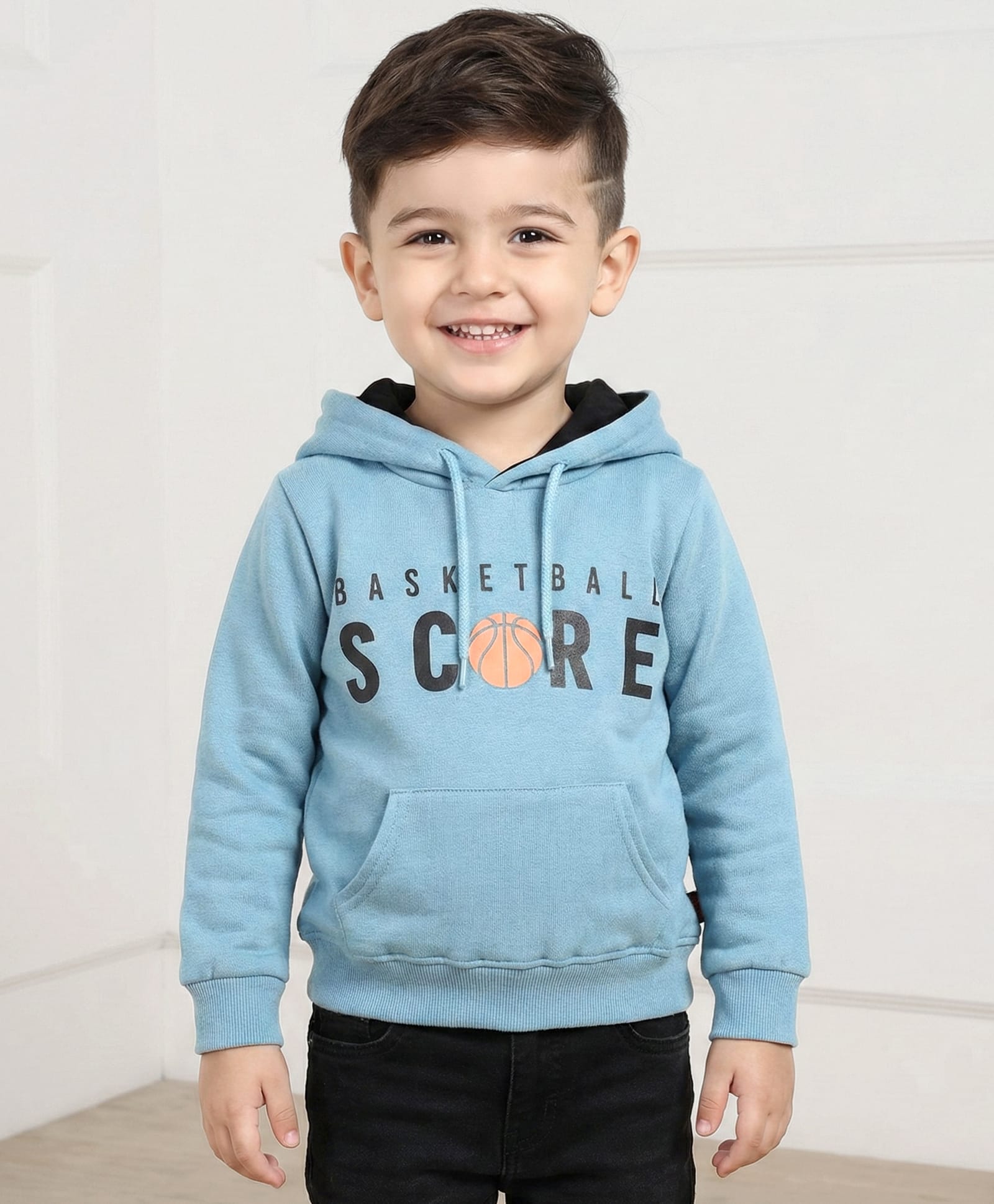 Taeko Full Sleeves Hooded Fleece Sweatshirt with Kangaroo Pocket & Text - Light Blue-image-34