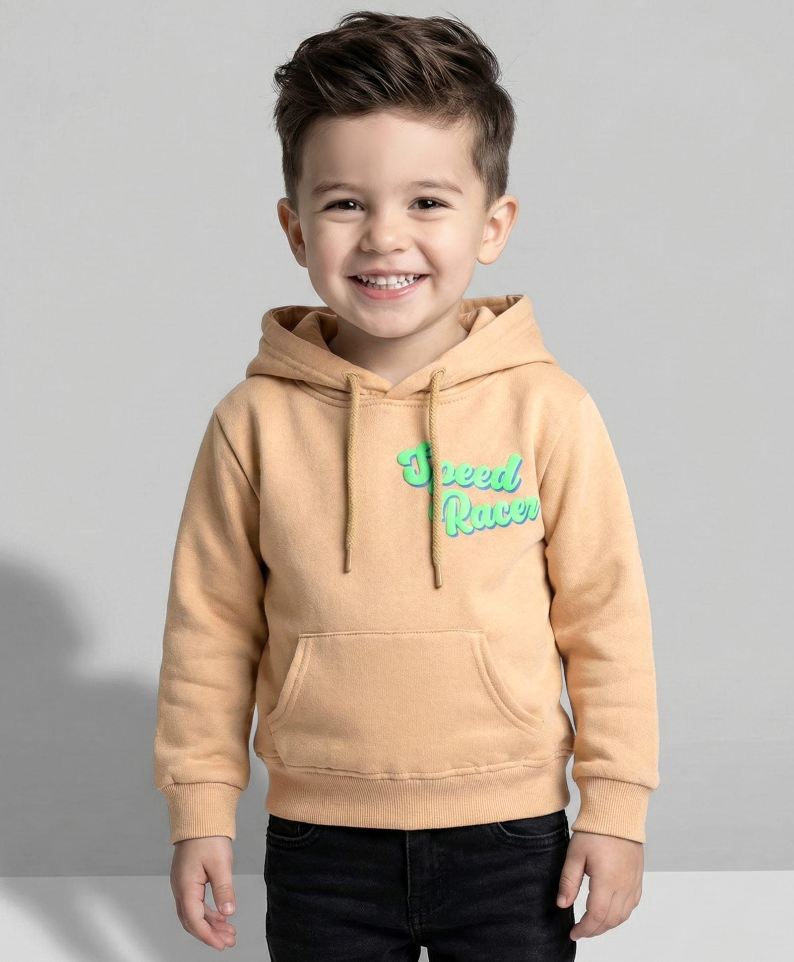 Taeko Full Sleeves Hooded Fleece Sweatshirt with Kangaroo Pocket & Text - Light Brown-picture-49