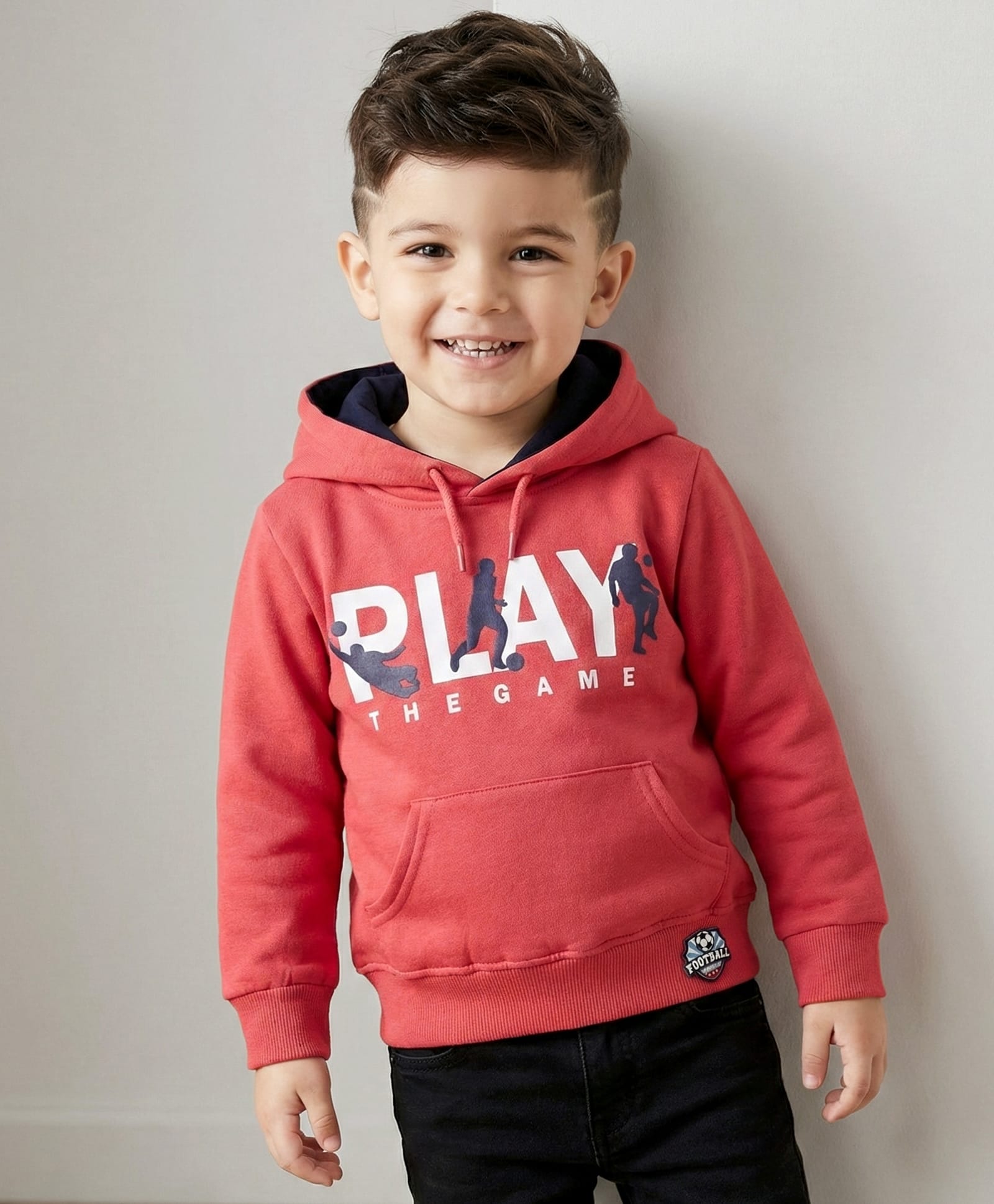 Taeko Full Sleeves Hooded Fleece Sweatshirt with Kangaroo Pocket & Text - Red-image-43