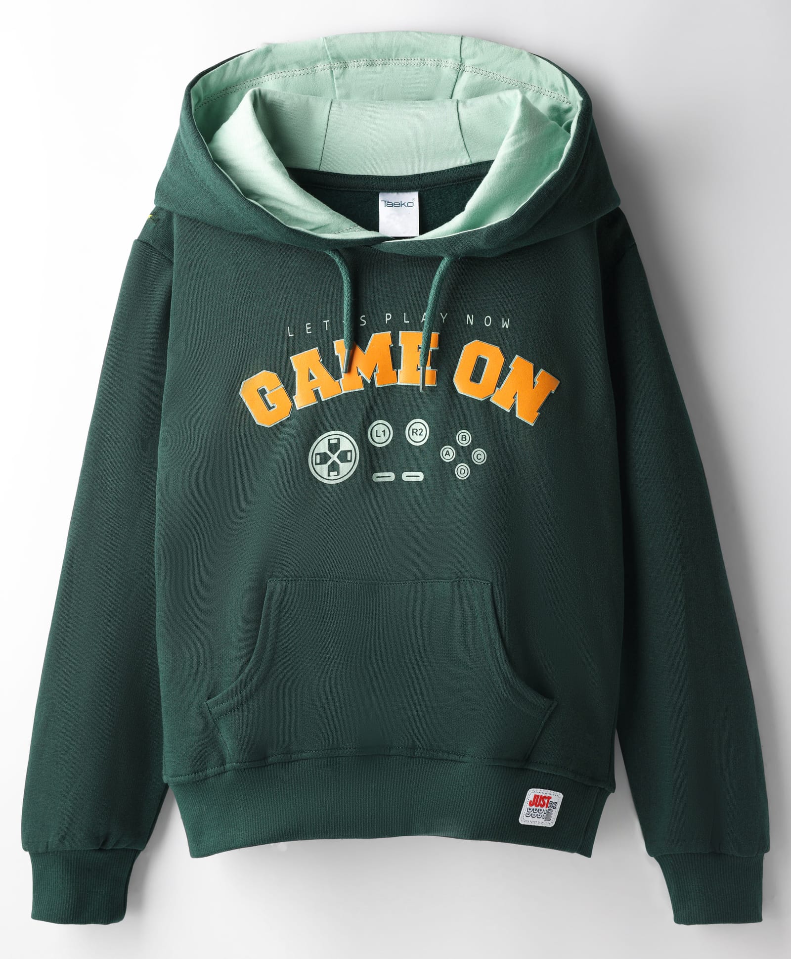 Taeko Fleece Knit Full Sleeves Hooded Sweatshirt with Kangaroo Pocket & Text Print - Dark Green-picture-26