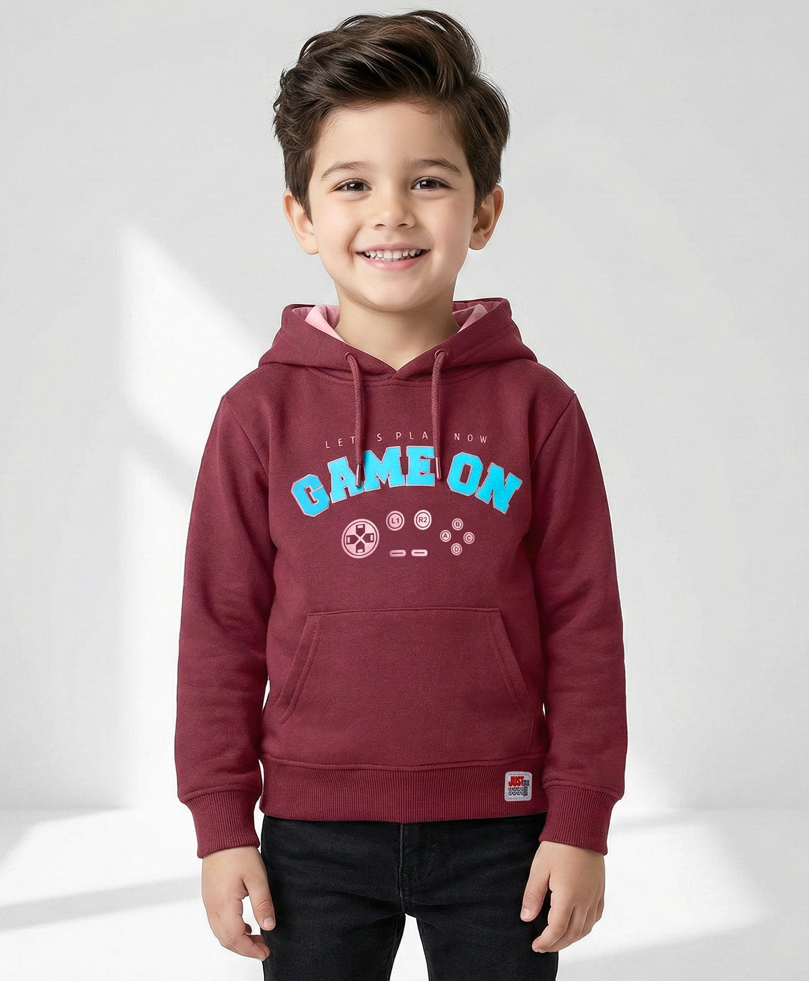 Taeko Fleece Knit Full Sleeves Hooded Sweatshirt with Kangaroo Pocket & Text Print - Wine-picture-27