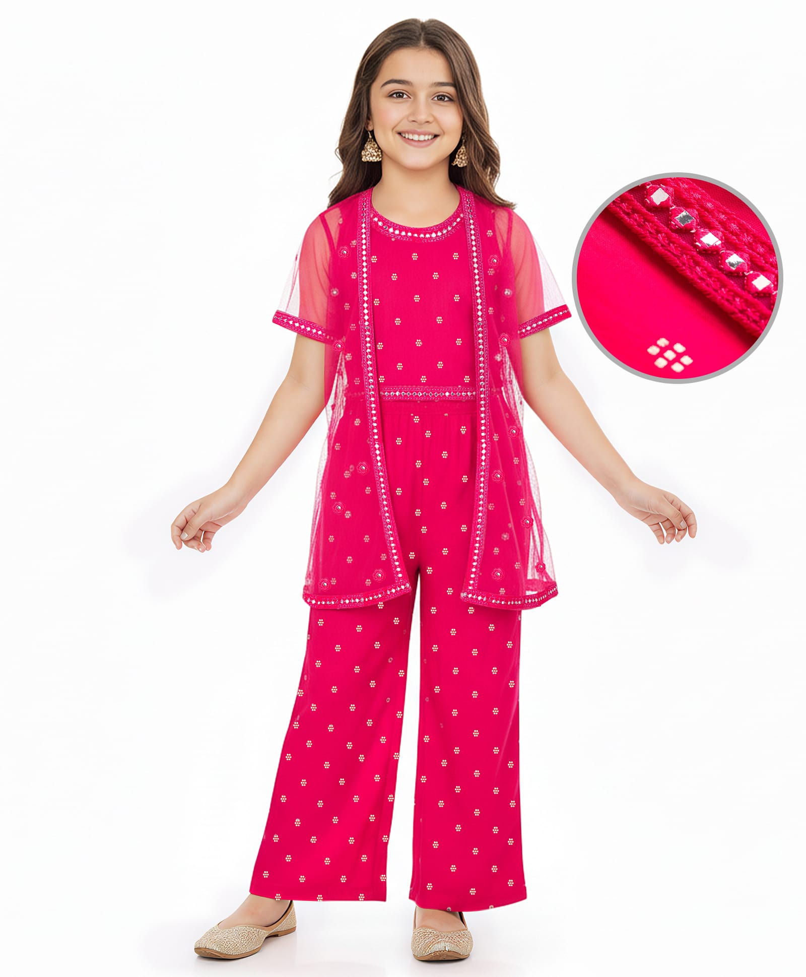 EARTHY TOUCH Woven Half Sleeves Indo Western Sets with Mirror Work & Foil Print - Dark Pink-image-43
