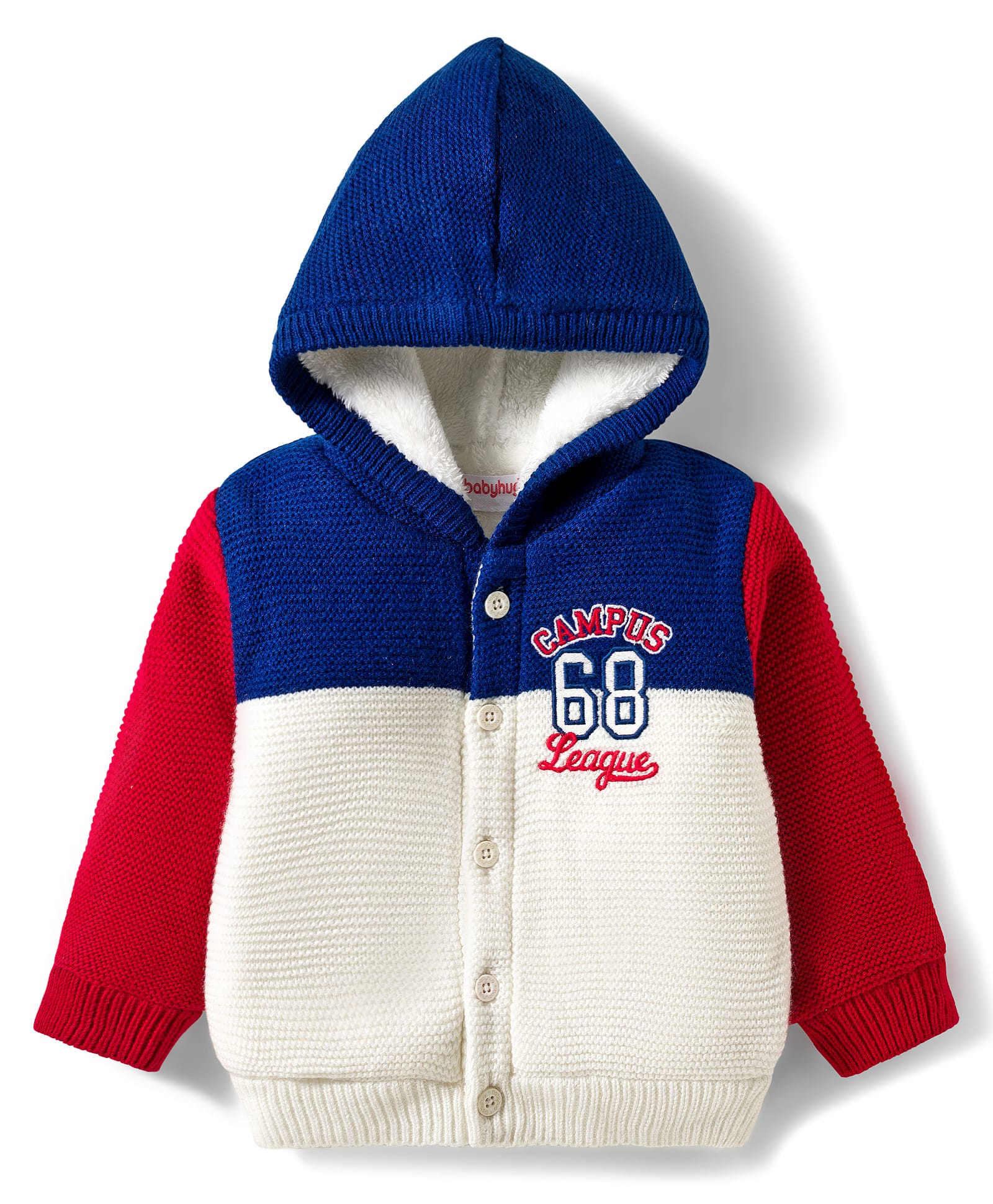 Babyhug Knitted Full Sleeves Hooded Front Open Sweater With Text Embroidery - Red Navy Blue & White-image-36