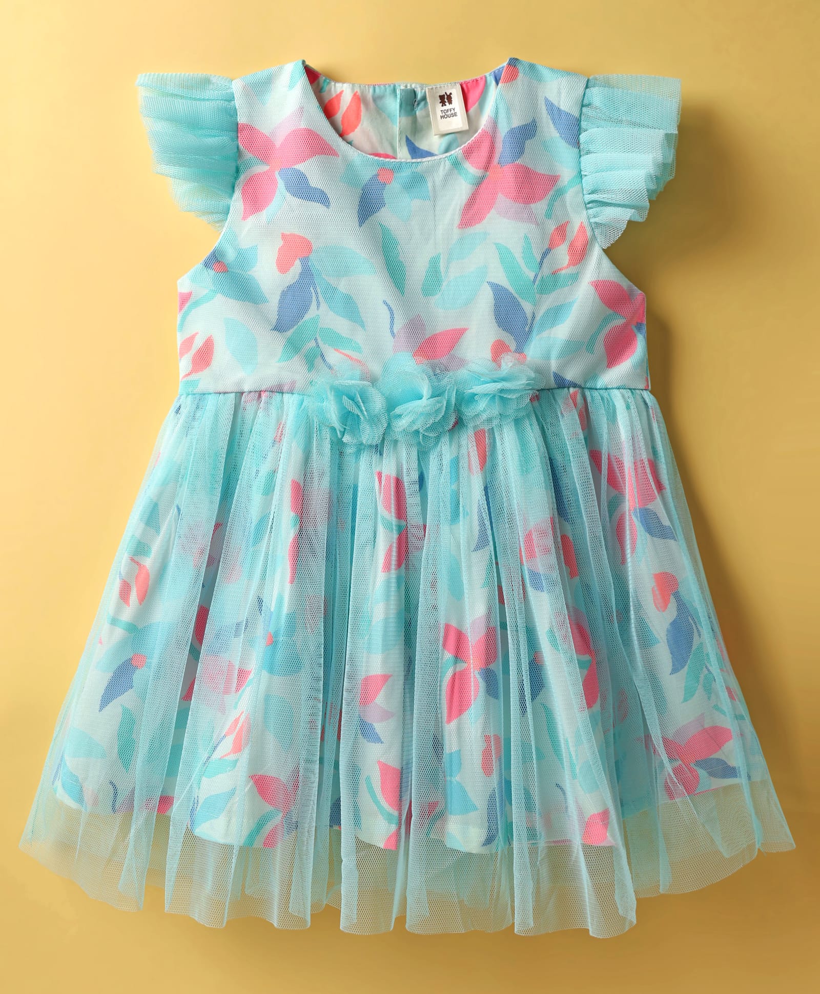 ToffyHouse Cotton Woven Frill Sleeves Frock With Floral Print & Applique - Light Blue-image-32