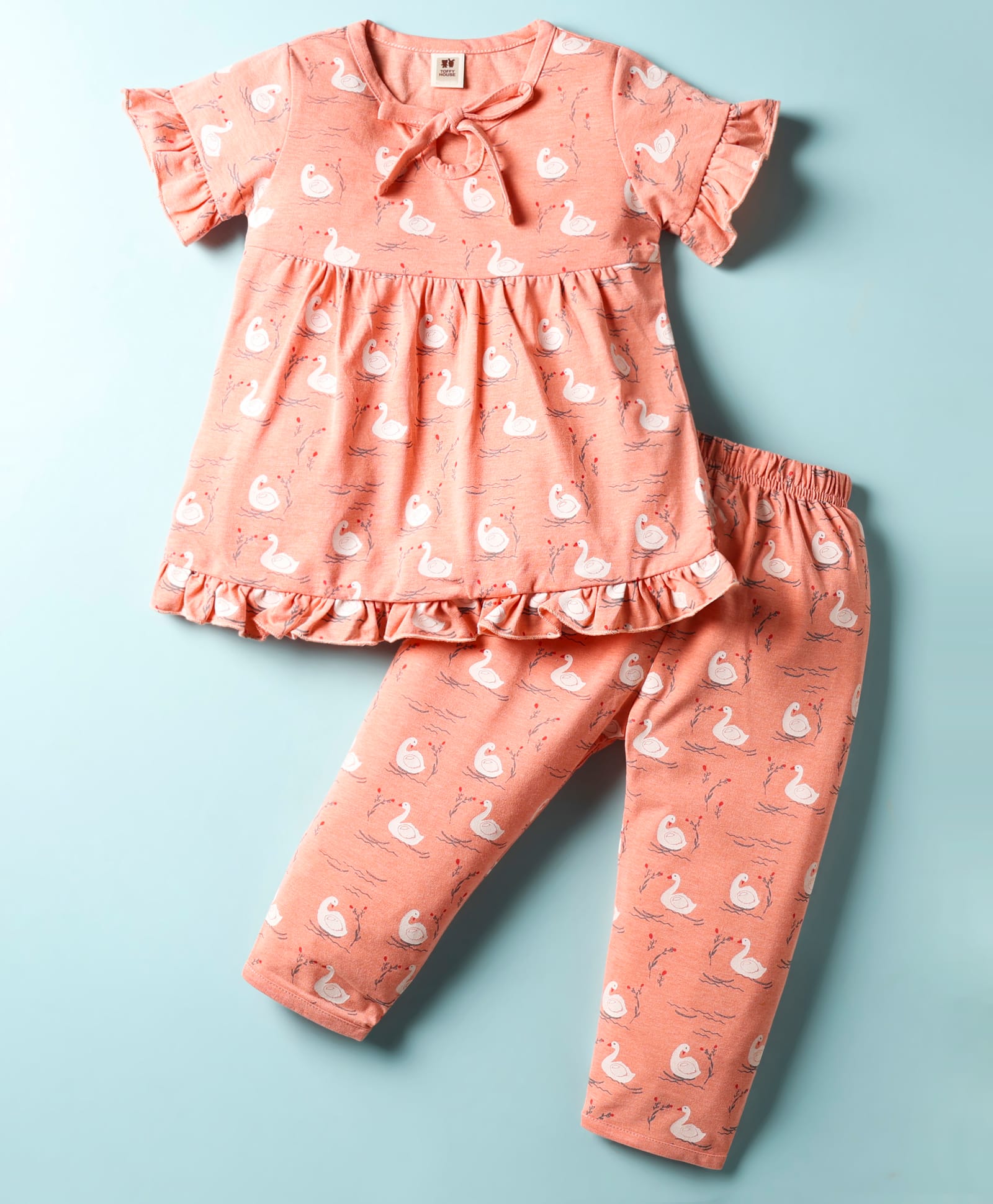 ToffyHouse Cotton Knit Half Sleeves Co-ords Night Suit with Animal Print - Dark Peach-picture-9