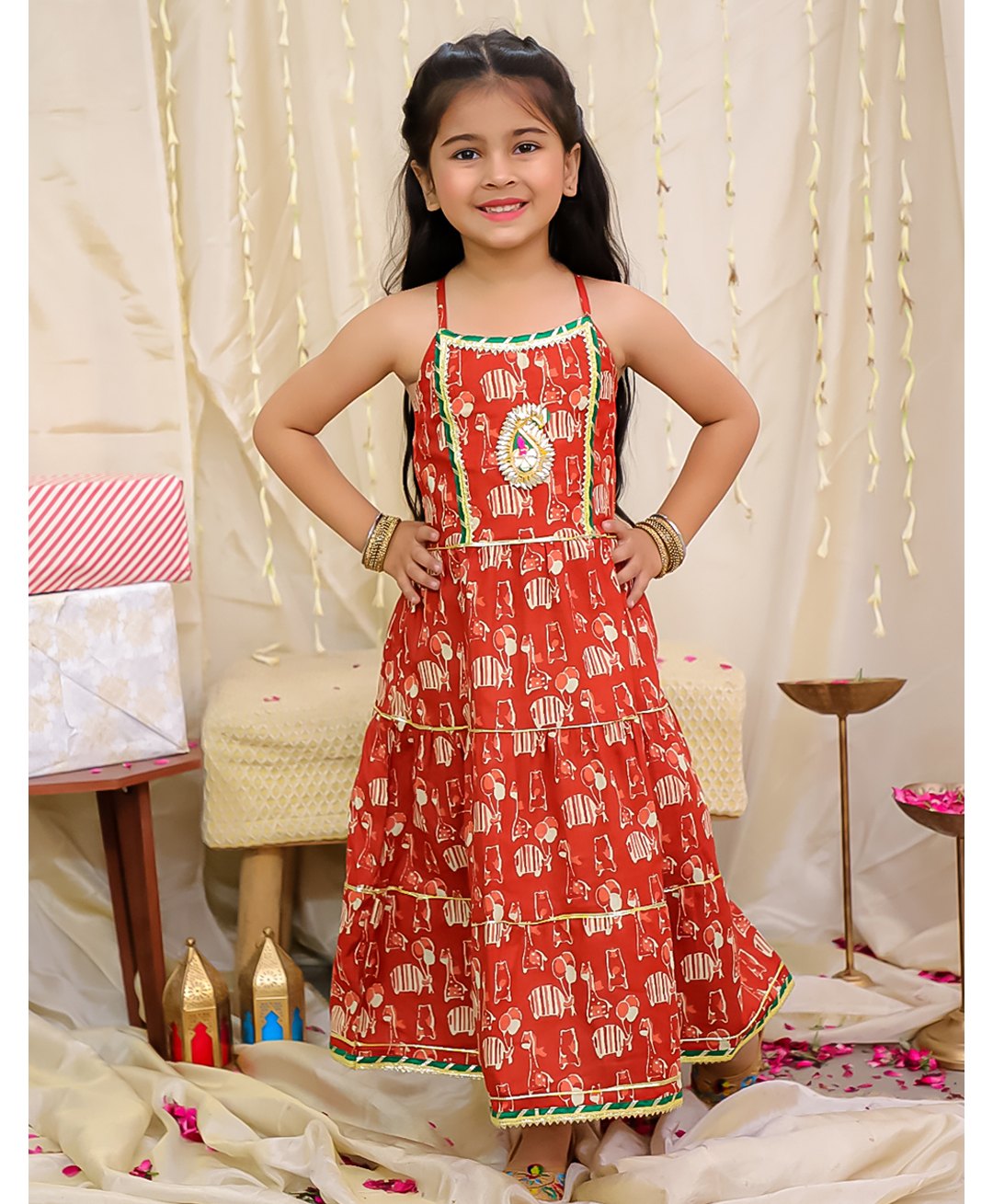 KID1 Cotton Woven Sleeveless Elephant Printed Gota Lace Embellished Long Dress - Maroon-image-4