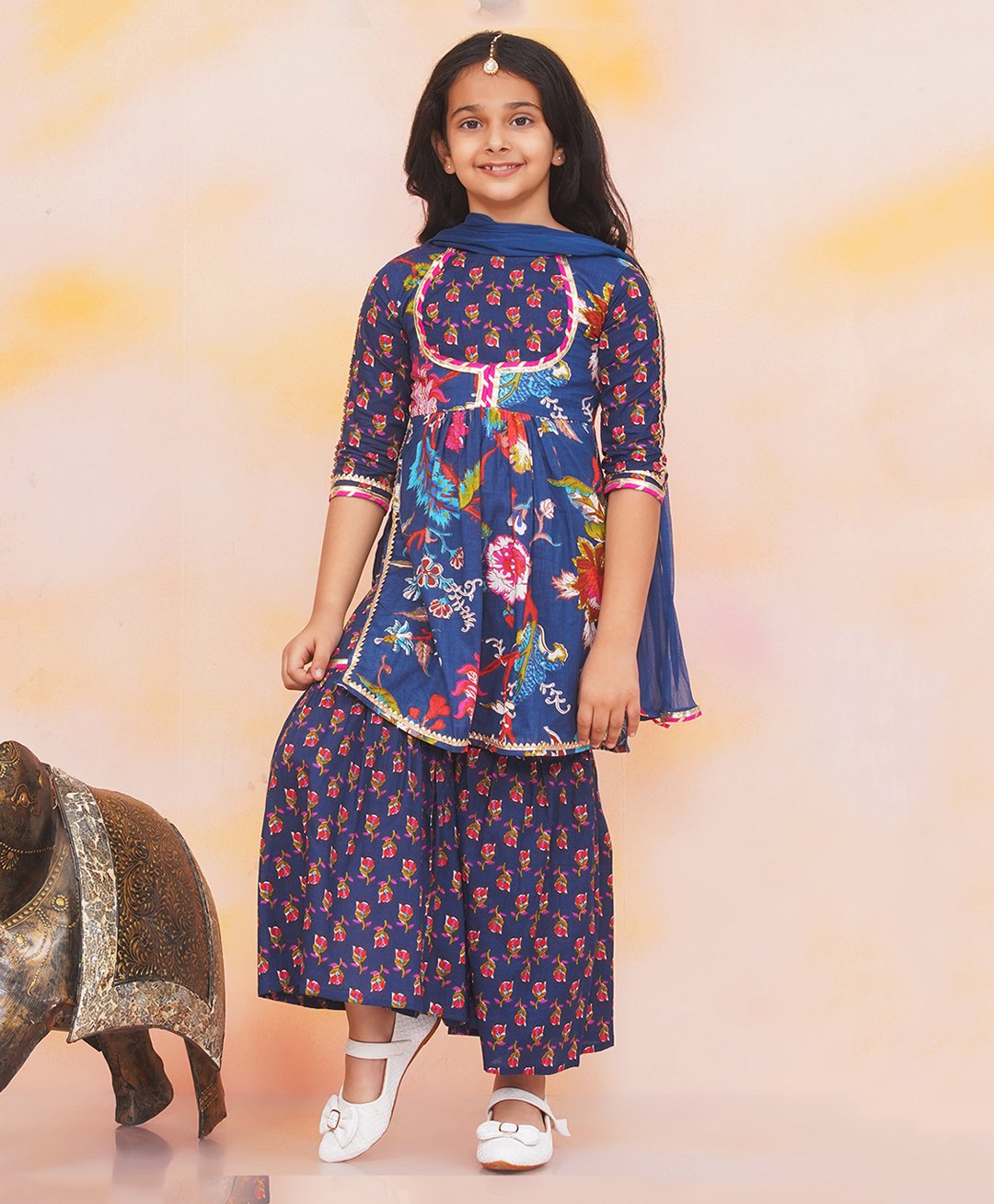 KID1 Cotton Woven Three Fourth Sleeves Floral Printed & Gota Lace Embellished Kurta With Coordinating Sharara Set - Navy Blue-picture-13