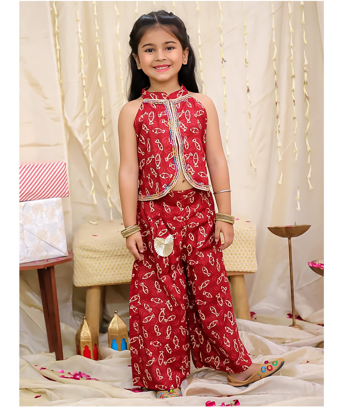 KID1 Cotton Woven Sleeveless Fish Printed Lace Embellished Top With Coordinating Palazzo Set - Maroon-picture-19