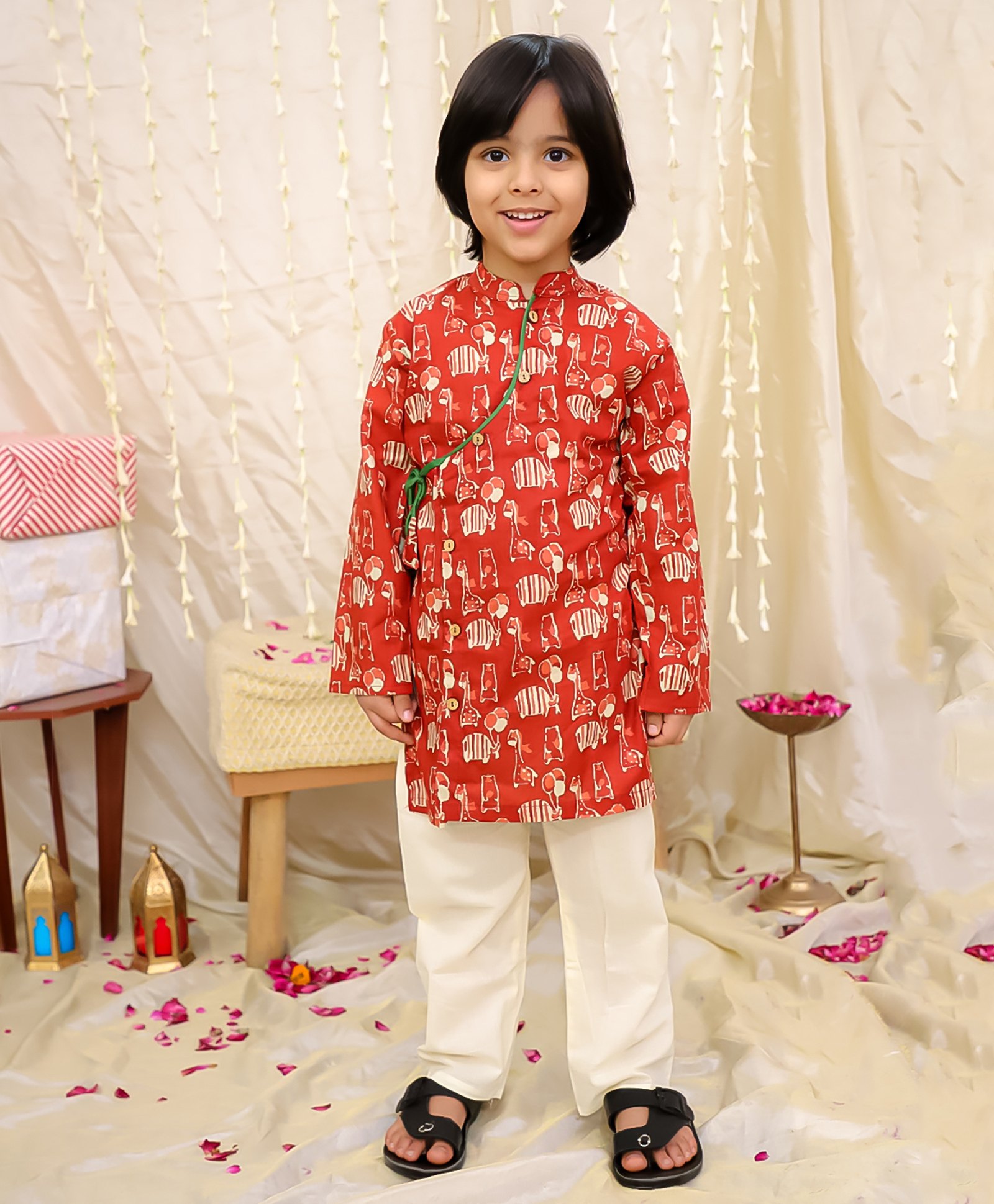KID1 Cotton Woven Full Sleeves Baby Animals Printed Kurta Pyjama - Maroon-image-46