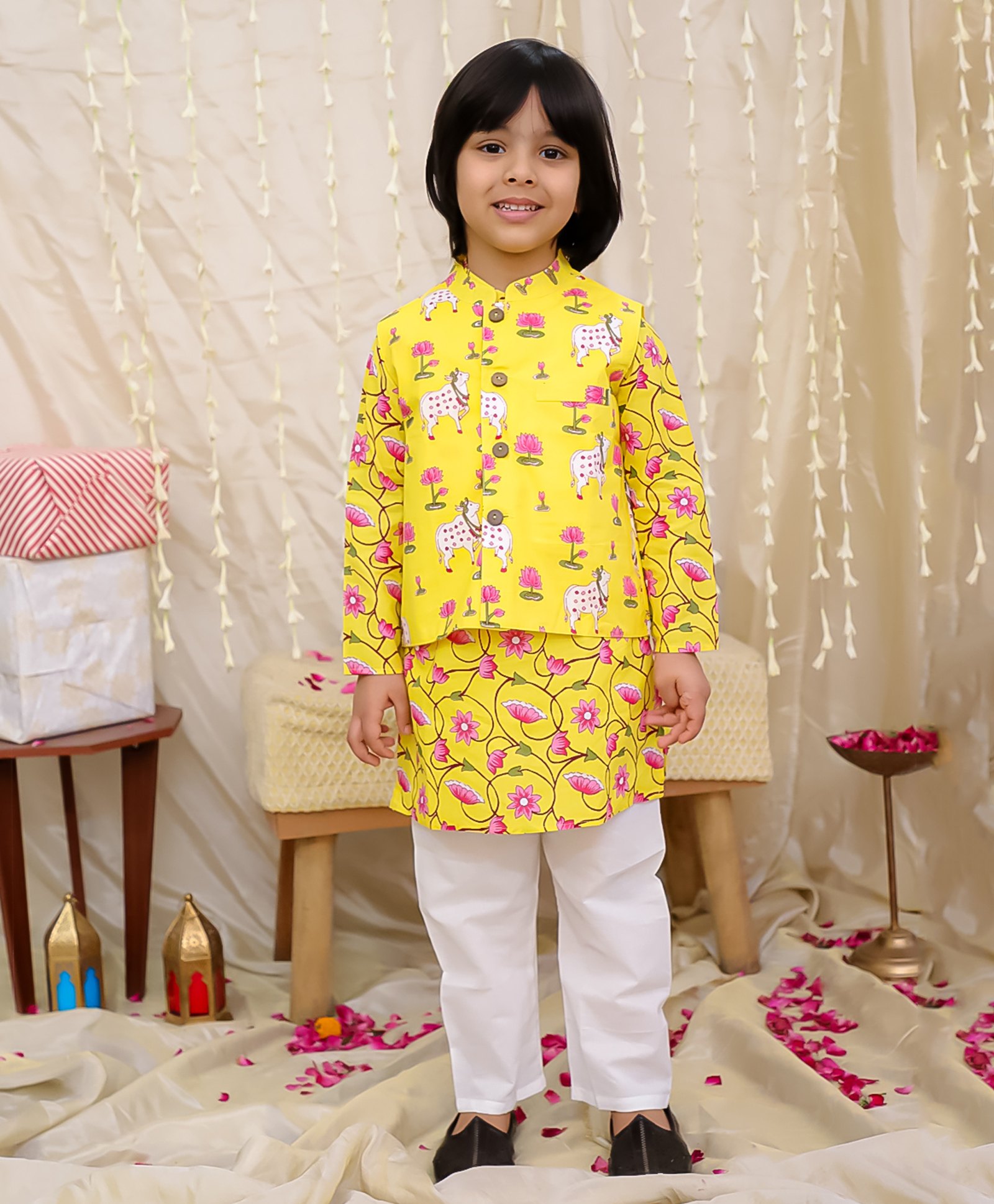 KID1 Cotton Woven Full Sleeves Lotus & Cow Printed Kurta Pyjama With Jacket - Yellow-picture-21