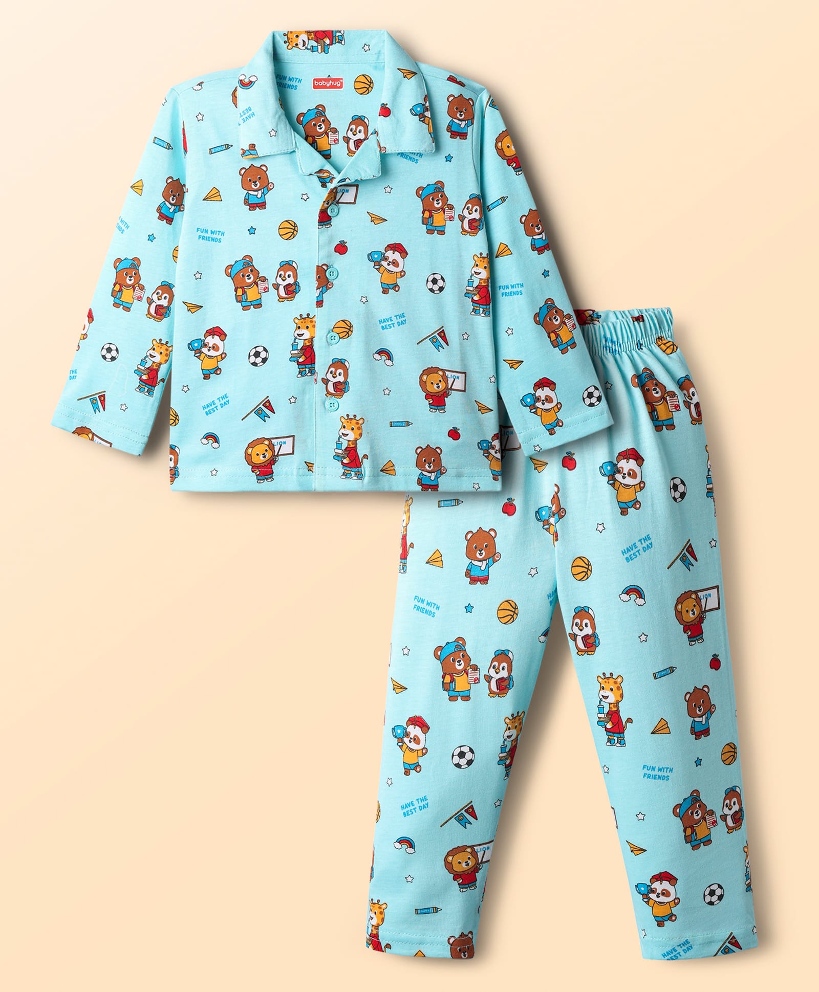 Babyhug Cotton Knit Full Sleeves Front Open Co-Ords Night Suit With Animal Print - Light Blue