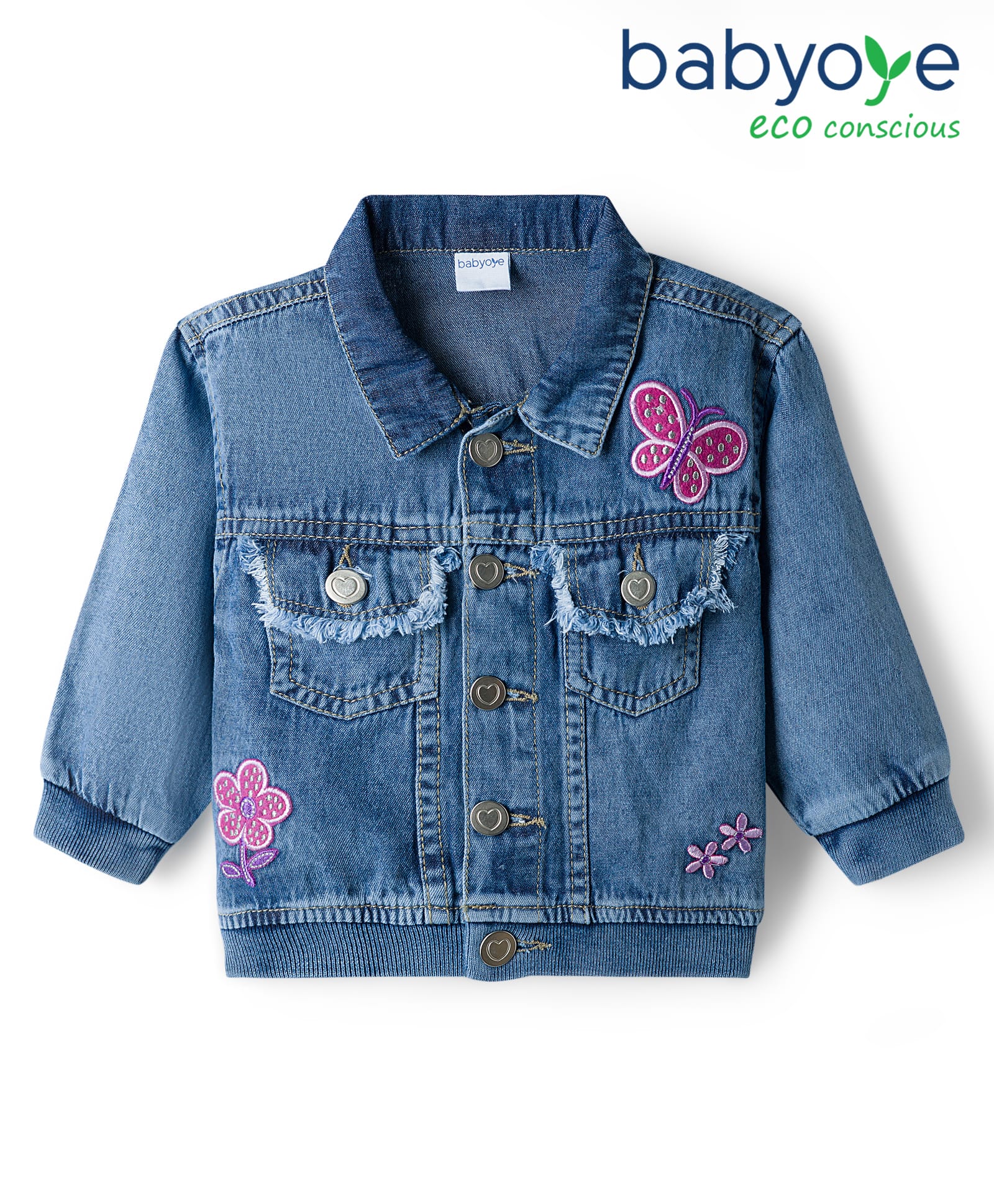 Babyoye Cotton Woven Full Sleeves Denim Jacket With Butterfly & Floral Embroidery - Navy Blue-image-23