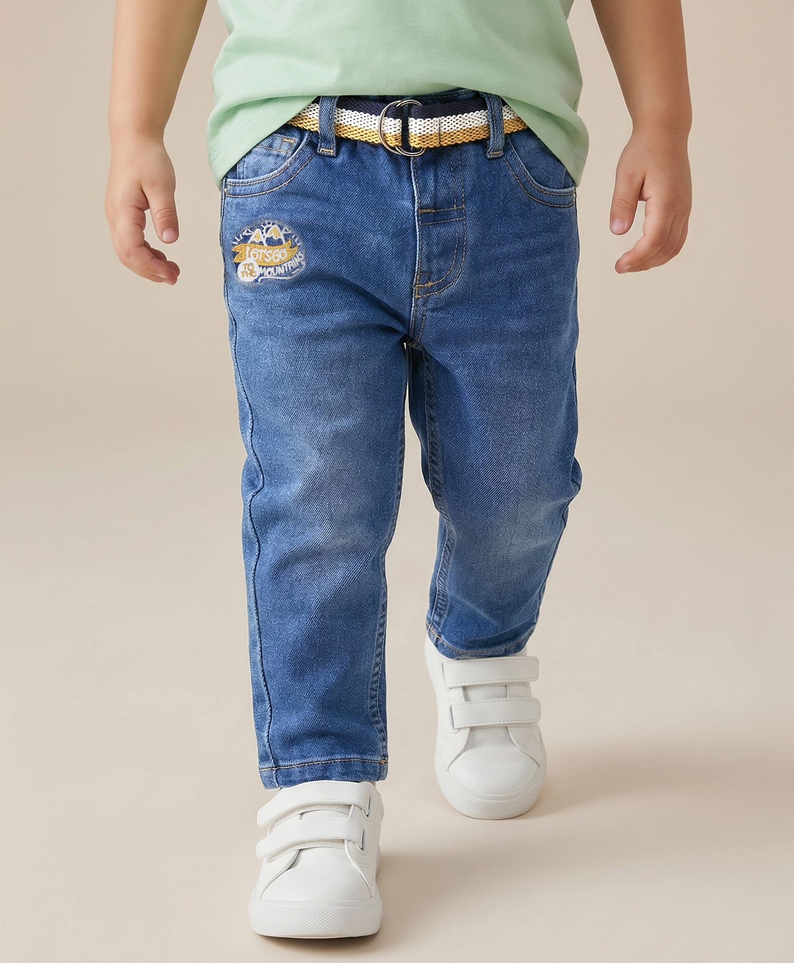 Babyhug Denim Full Length Washed Embroidered Jeans With Stretch & Belt - Blue-picture-15