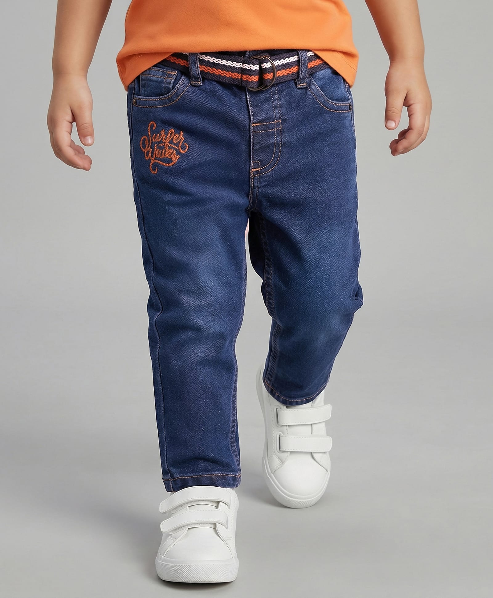 Babyhug Denim Full Length Washed Embroidered Jeans With Stretch & Belt - Navy Blue-picture-14