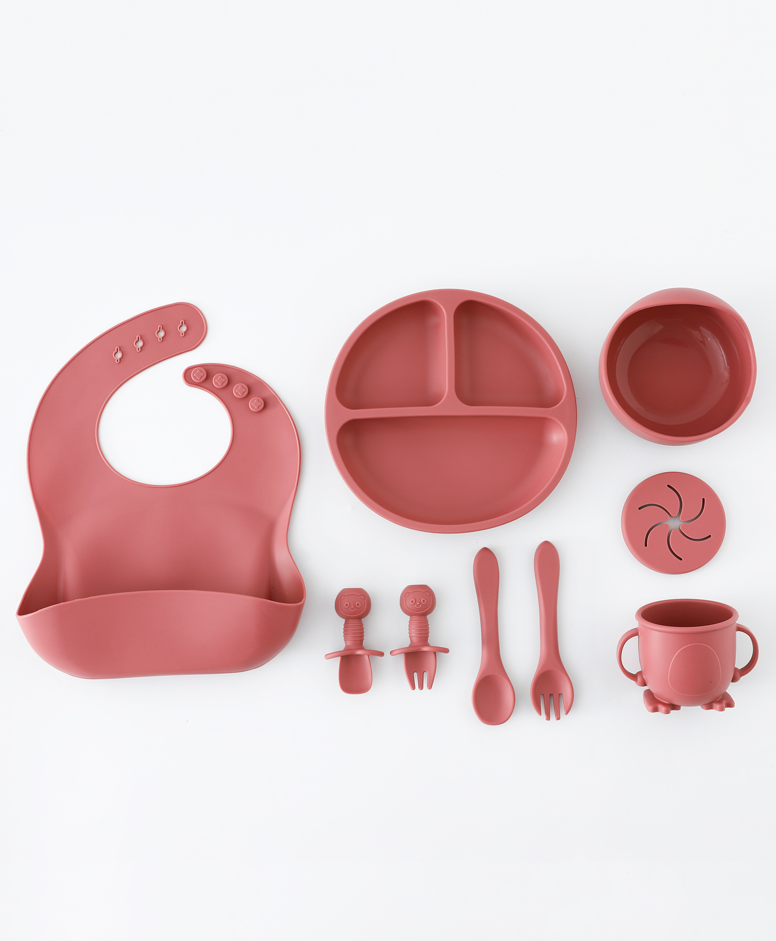 fab n funky Baby Silicone Feeding Set- Wine Red| Food Grade| Mess-free| Train Self Feeding| Easy to Clean| Gift for Boys & Girls| Dishwasher Safe| Suction Plate, Bowl, Bib, Snack Cup, Training Cup, Spoon & Fork-picture-24