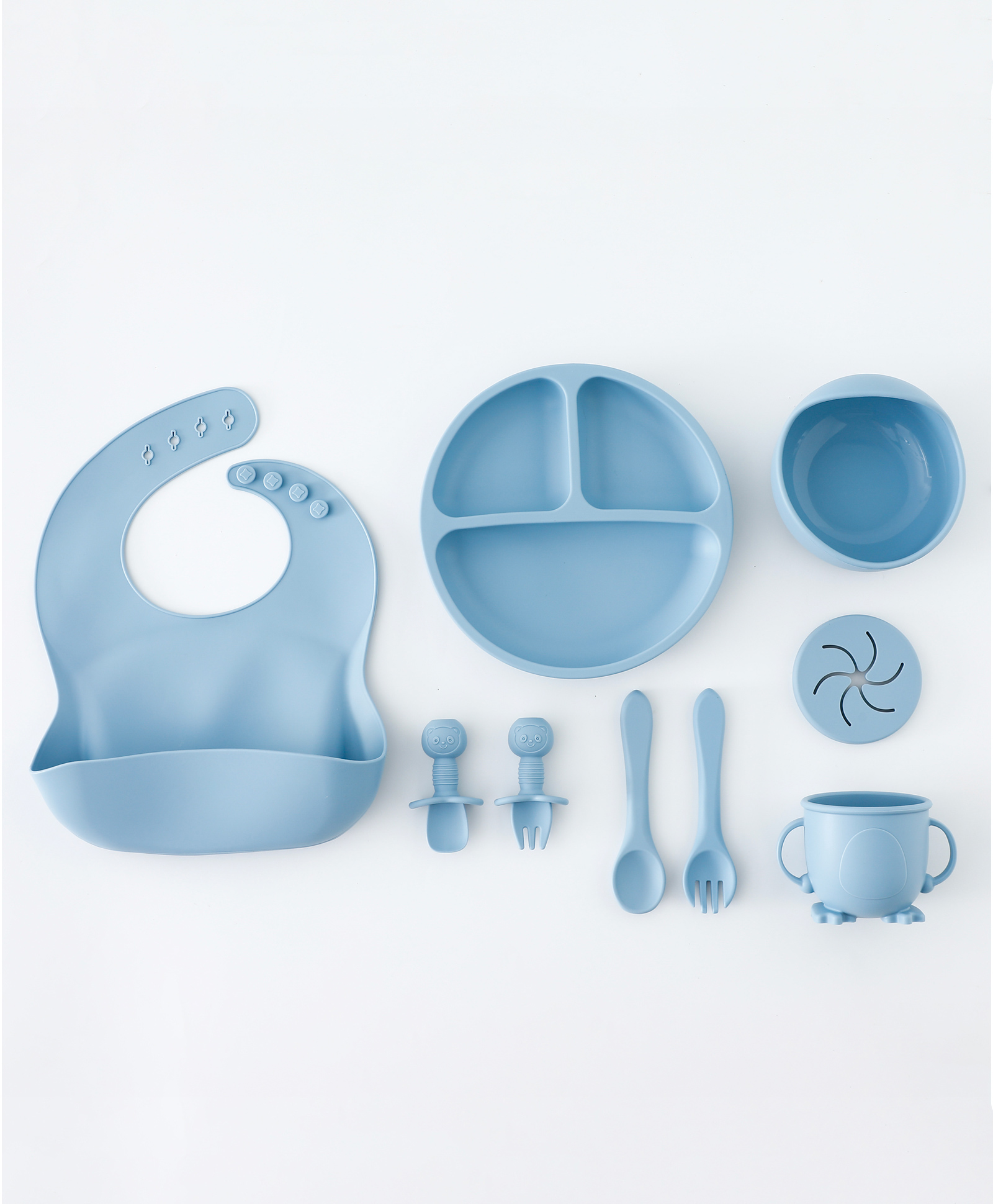 fab n funky Baby Silicone Feeding Set- Light Blue| Food Grade| Mess-free| Train Self Feeding| Easy to Clean| Gift for Boys & Girls| Dishwasher Safe| Suction Plate, Bowl, Bib, Snack Cup, Training Cup, Spoon & Fork-picture-25