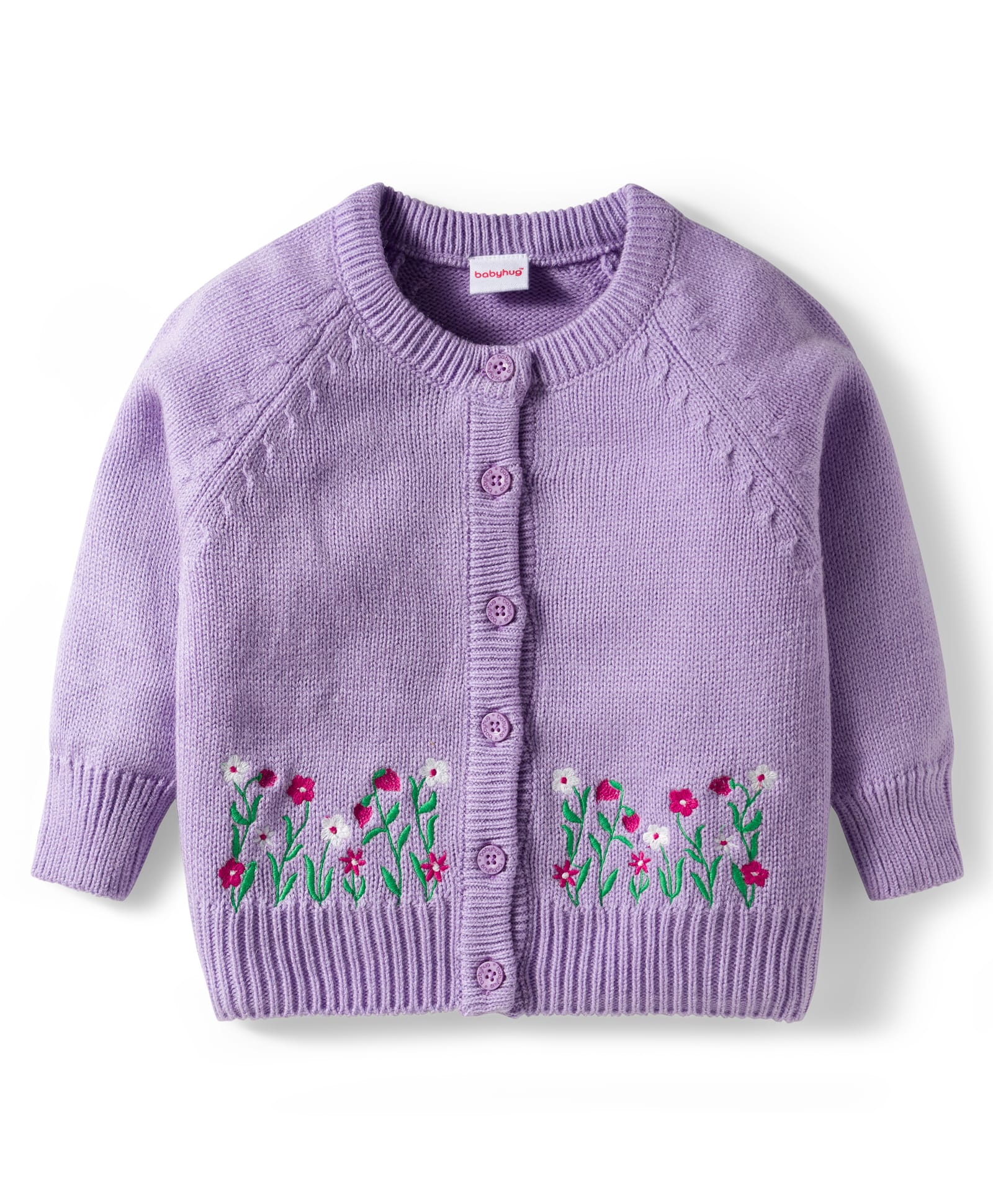 Babyhug Knitted Full Raglan Sleeves Front Open Sweater With Floral Embroidery - Lavender-image-13