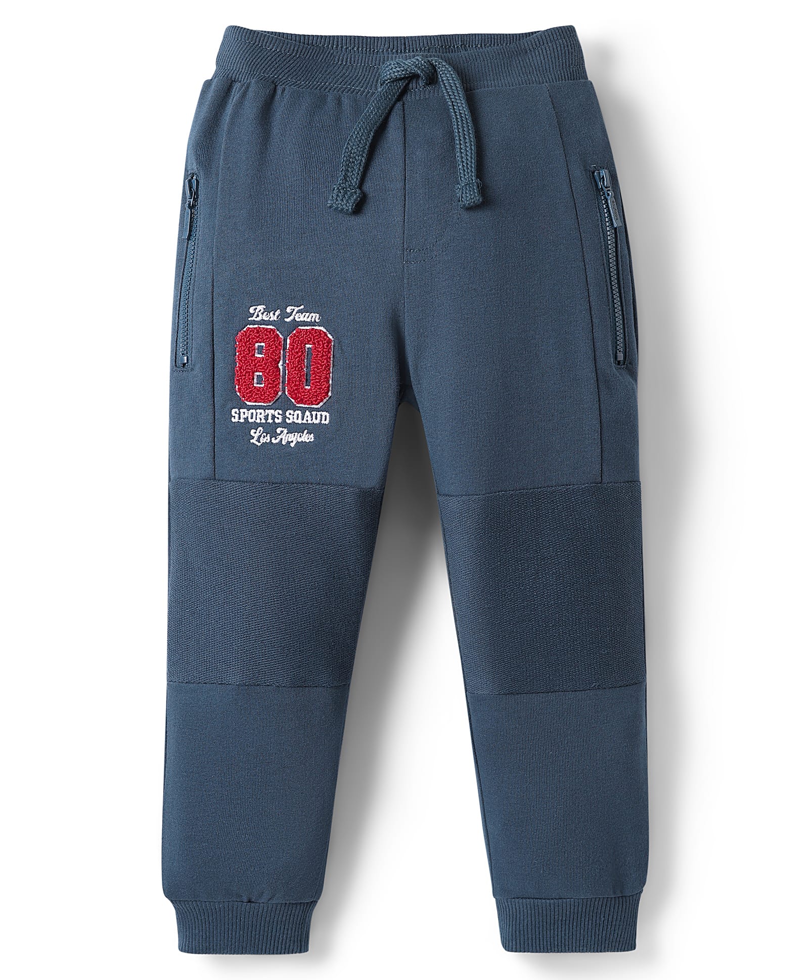 Babyhug French Terry Knit Full Length Lounge Pant With Text Embroidery - Navy Blue