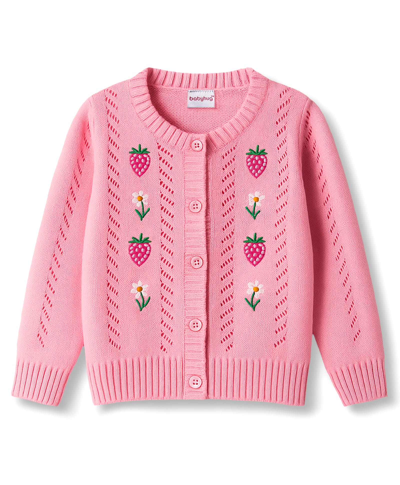 Babyhug Knit Full Sleeves Front Open Sweater with Tropical Theme Design - Baby Pink-picture-16