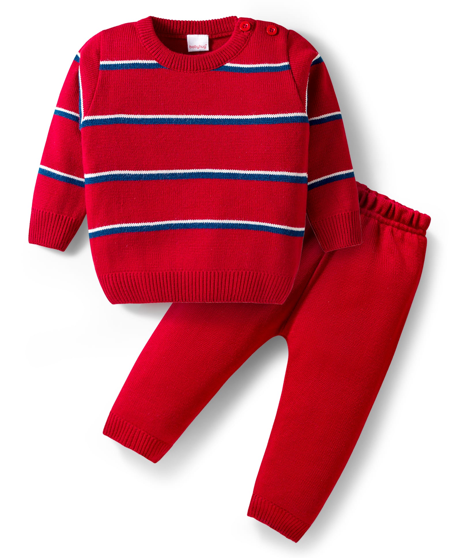 Babyhug Knit Full Sleeves Striped Pullover Sweater Set - Red & Navy Blue-picture-24
