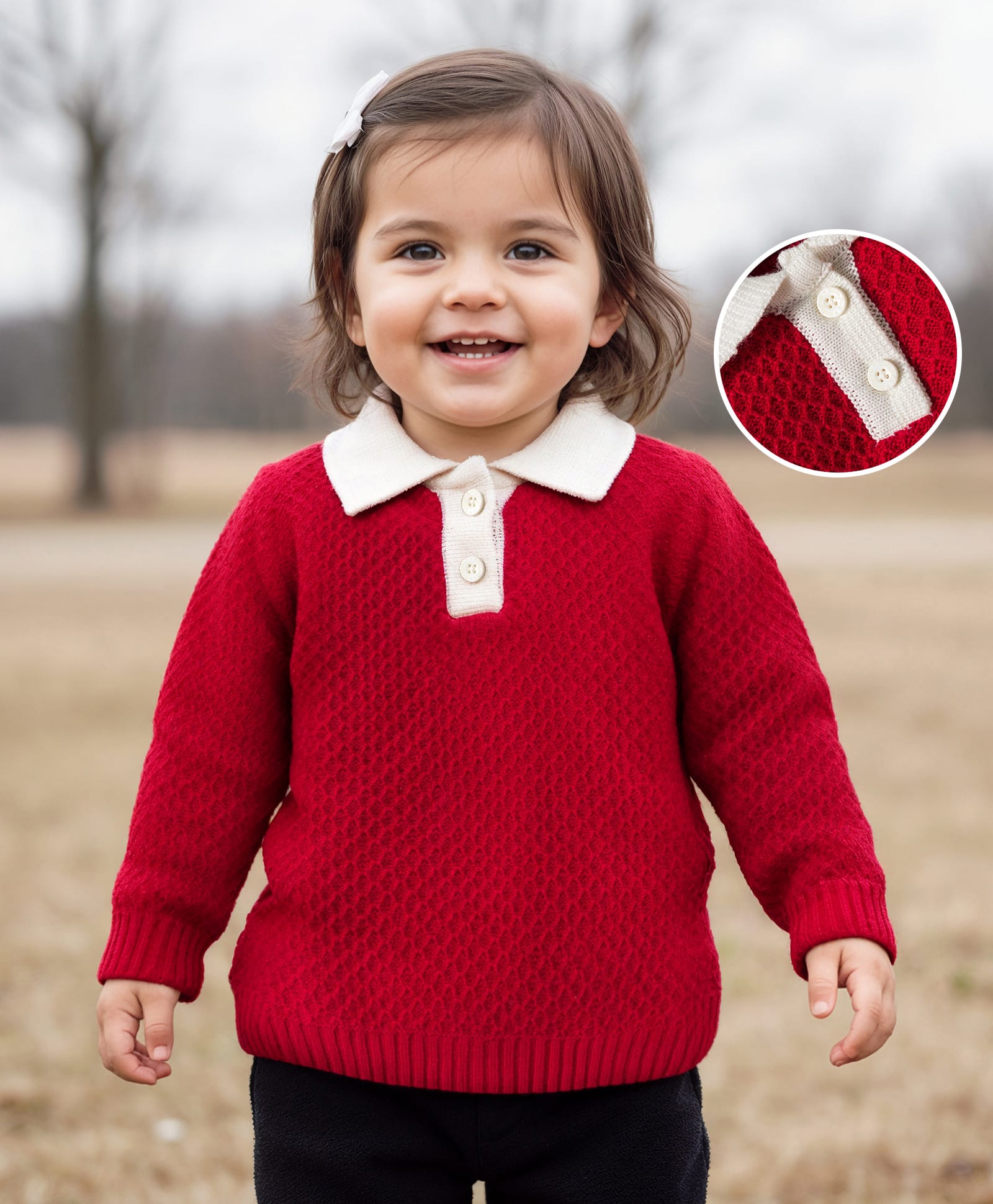 Babyhug Knitted Full Sleeves Solid Color Pullover Sweater with Polo Collar - Red-picture-11
