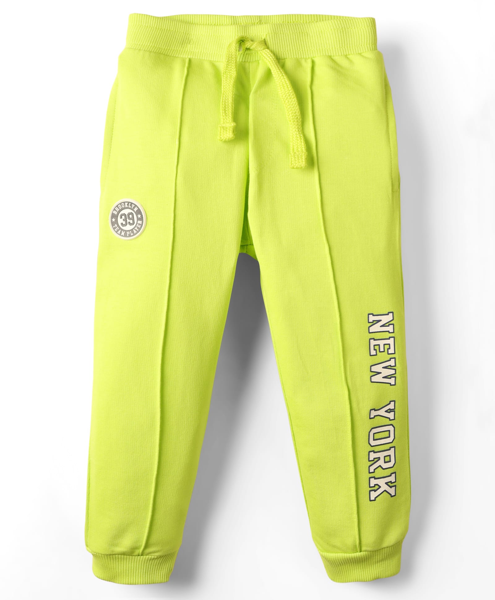 Babyhug Terry Cotton Knit Full Length Cut & Sew Lounge Pant With Text Print & Patch - Lime Green-picture-24
