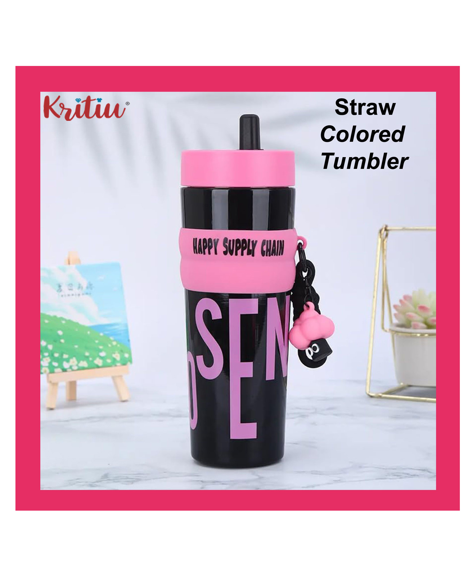 Kritiu Printed Tumbler With Lid|Sipper|BPA Free|Leak Resistant|Freezer Safe| 950 ml|Perfect for Kids And Adults - Pink-image-5